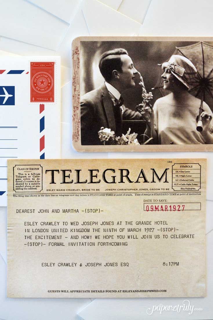 Kiss by Wire — Telegram Save the Date — Paper Truly