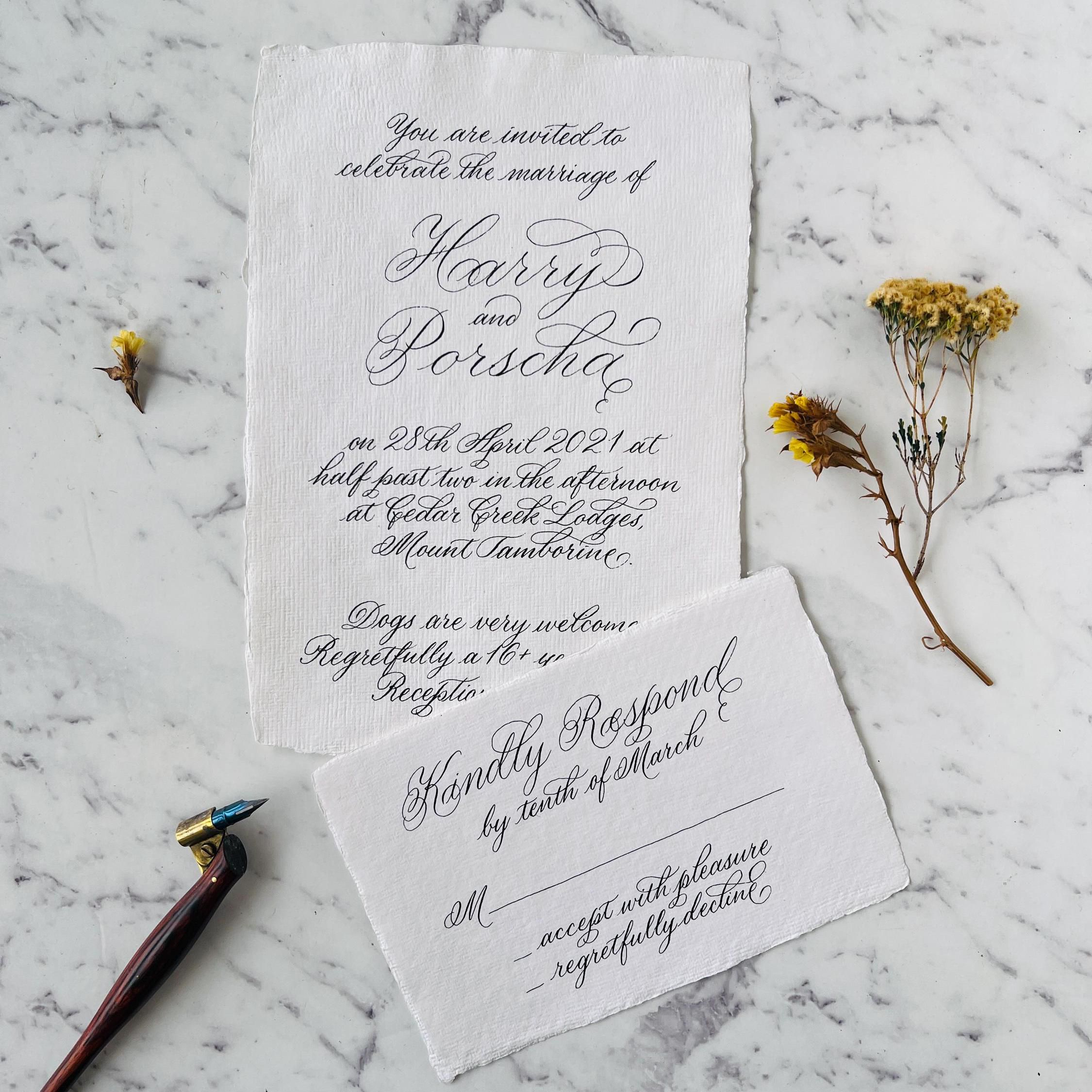 Handwritten Calligraphy Wedding Invitation on Deckled Edge card fully handwritten calligraphy invitation details rsvp handmade deckled edge