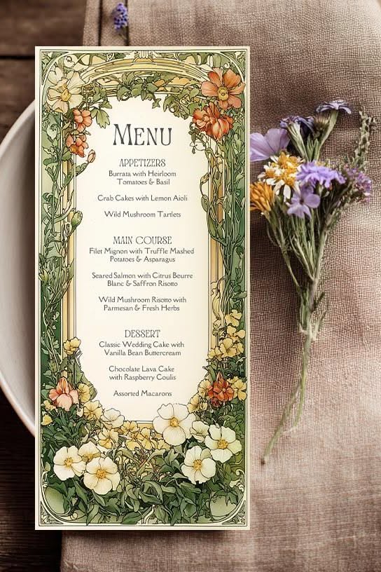 Editable Art Nouveau menu card: Floral Theme (Digital Download)