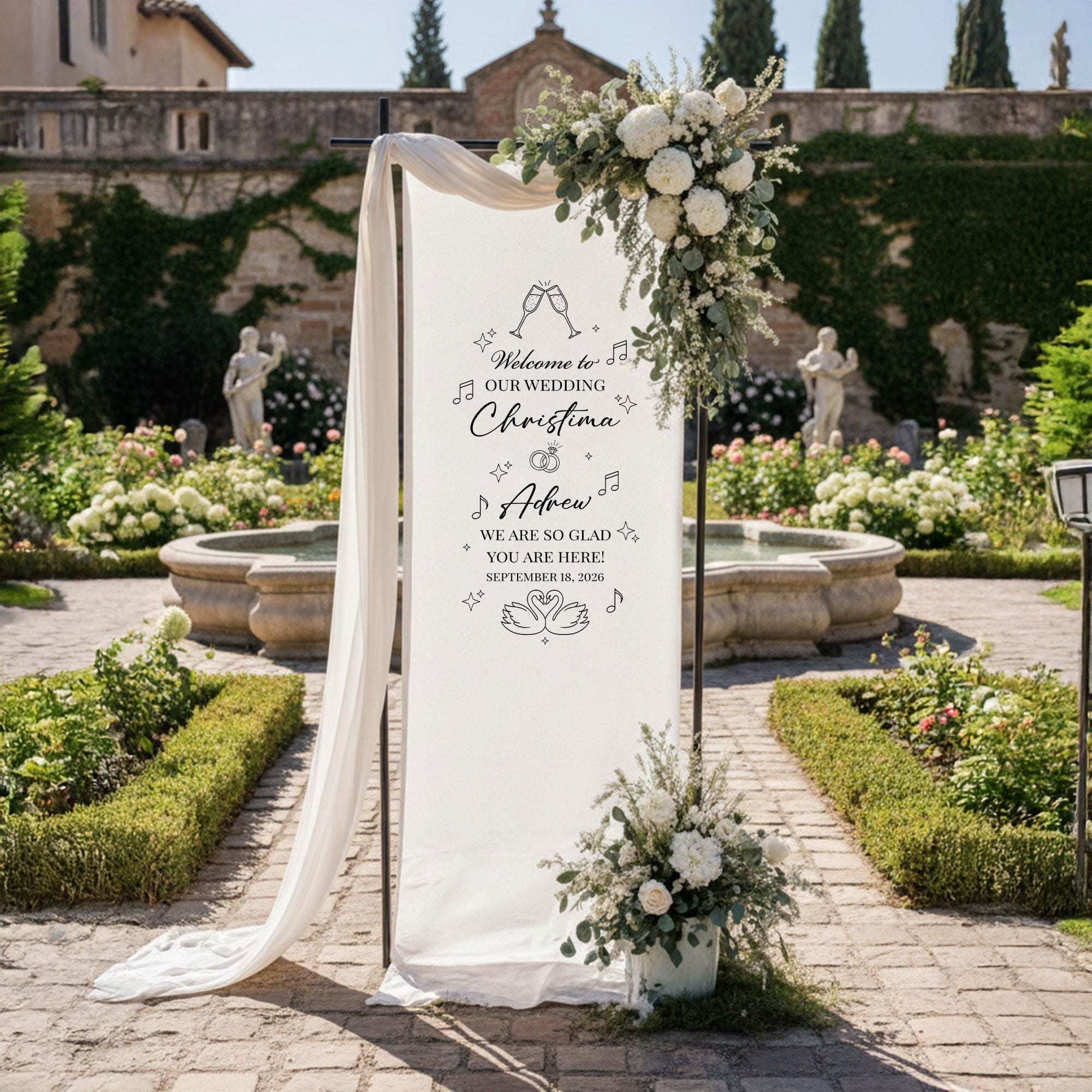 Bannière de bienvenue pour mariage personnalisée — Plaque d’entrée en tissu pour cérémonie
