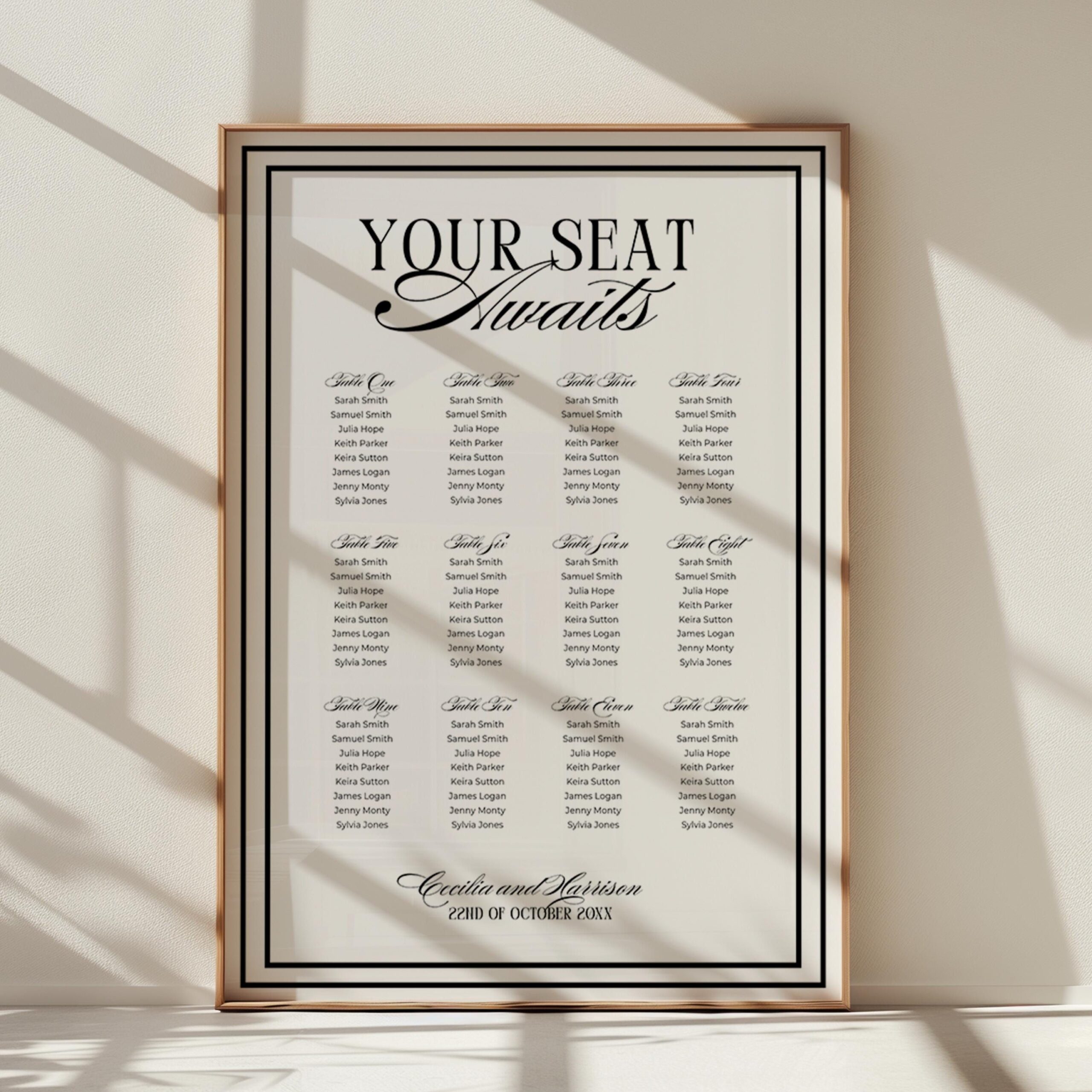 Plan de salle de mariage Old Money | élégante plaque noire et blanche pour la disposition des sièges | Plan de salle à manger classique de luxe | Modèle de toile imprimable | C21