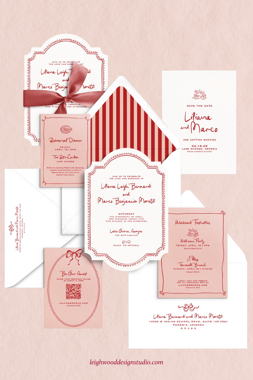 Cute Wedding Invitation Cards With Fun Illustrations For Red Theme