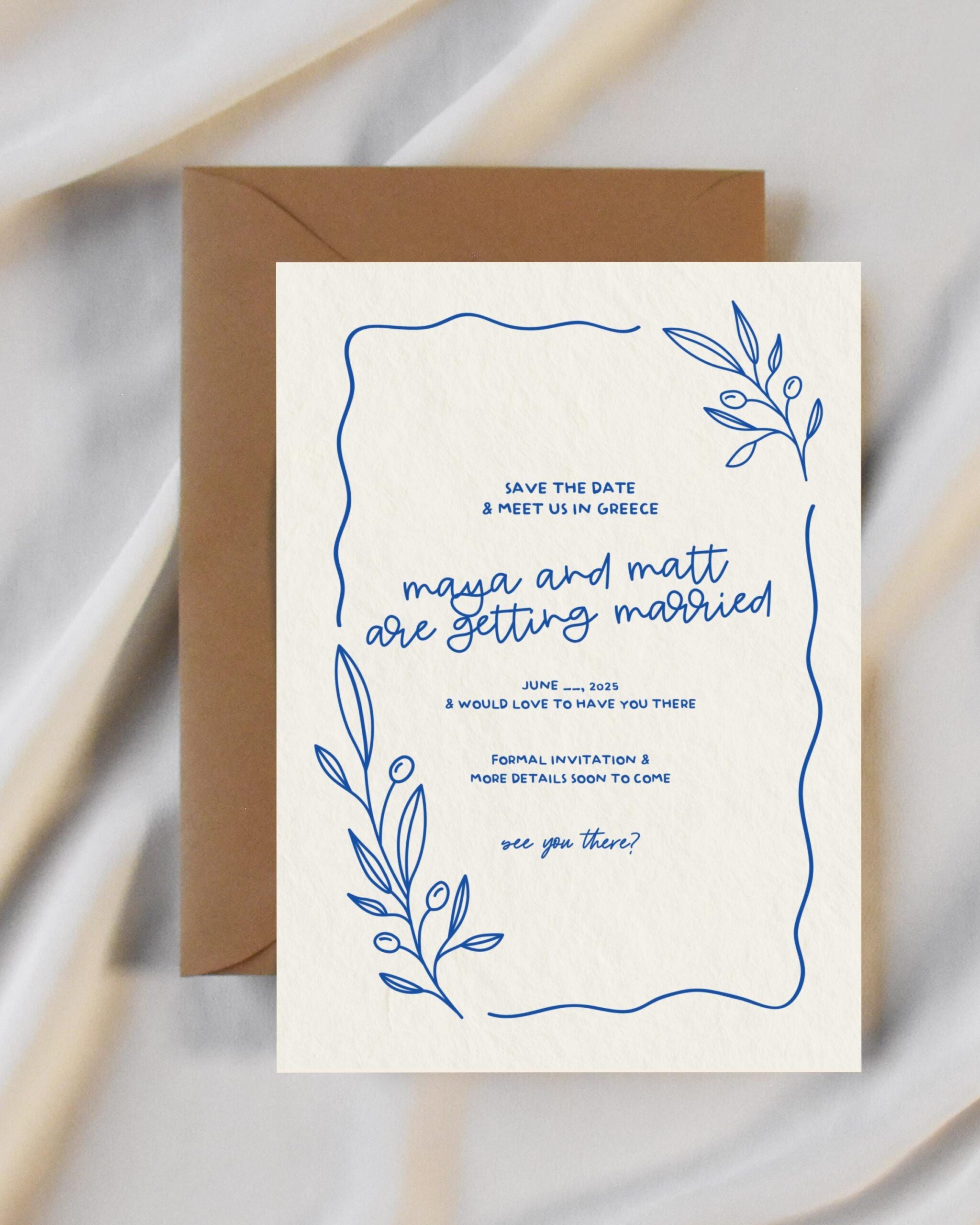 Griechische Hochzeitseinladung, Hochzeit einladen, Illustrierte Save the Date, griechisches mediterranes Vibe, europäische Hochzeit