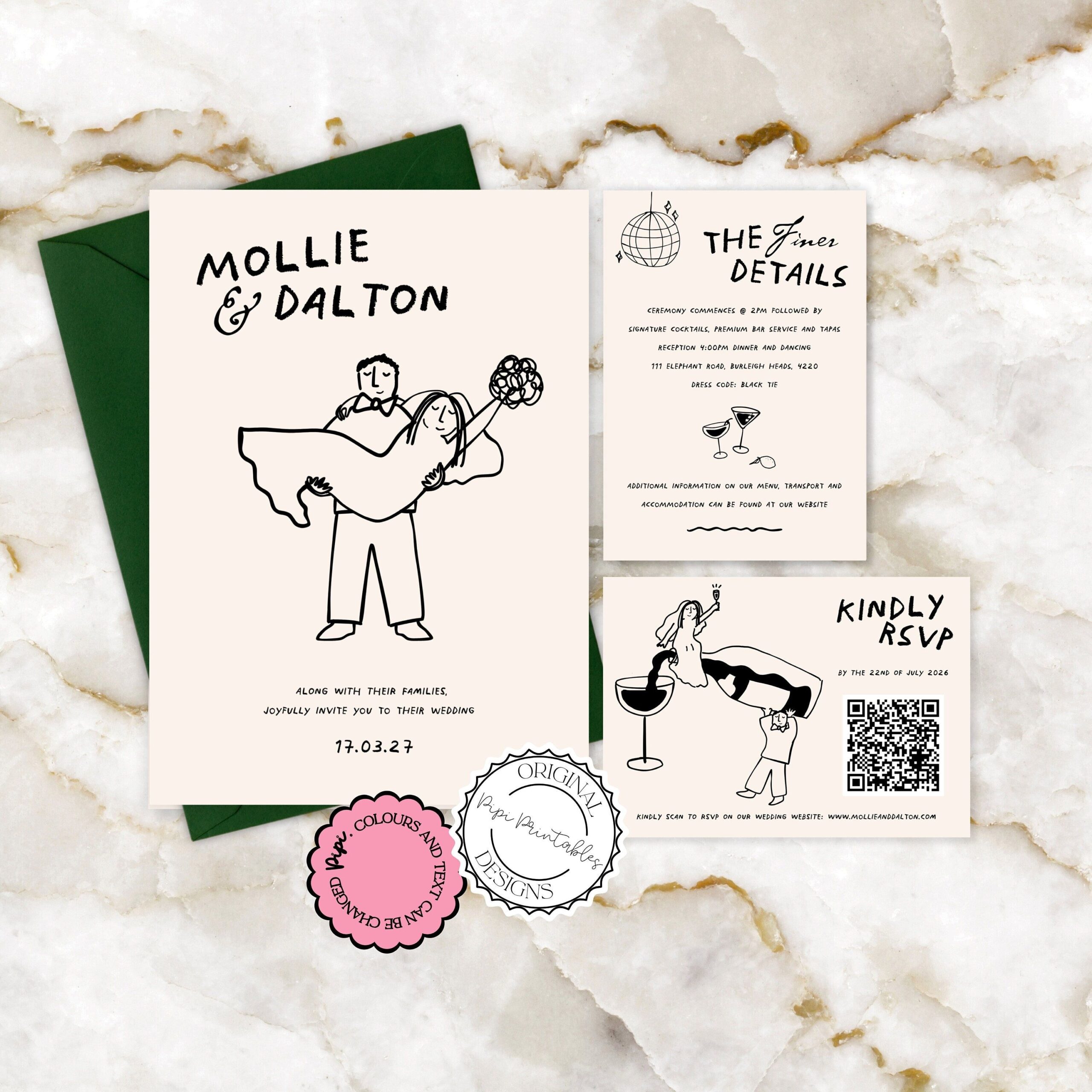 Suite d’invitations de mariage dessinées à la main