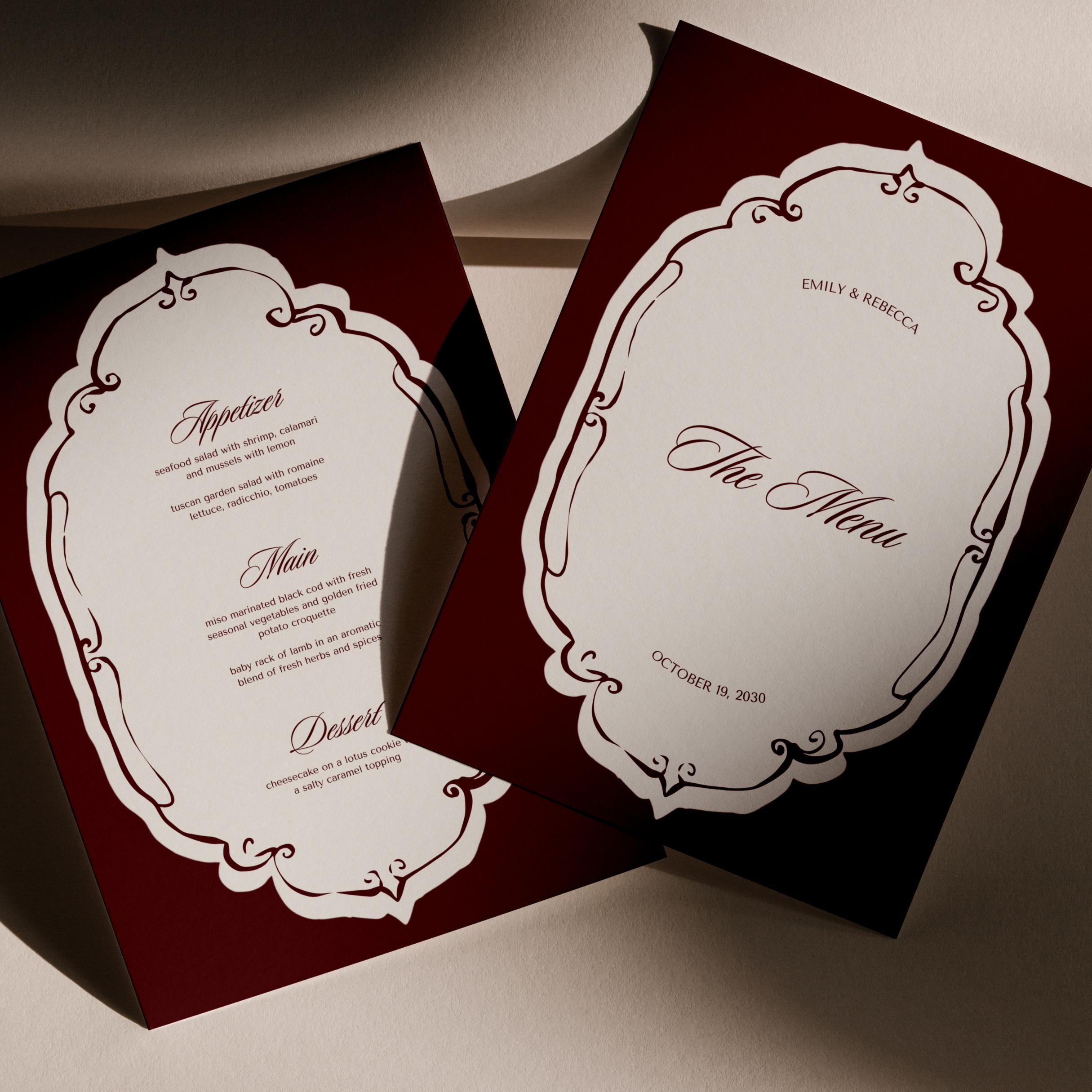 Modèle de menu de mariage vieil argent Modèle de menu de mariage rétro Modèle de menu de mariage vintage Modèle de menu de mariage élégant Menu de dîner de mariage