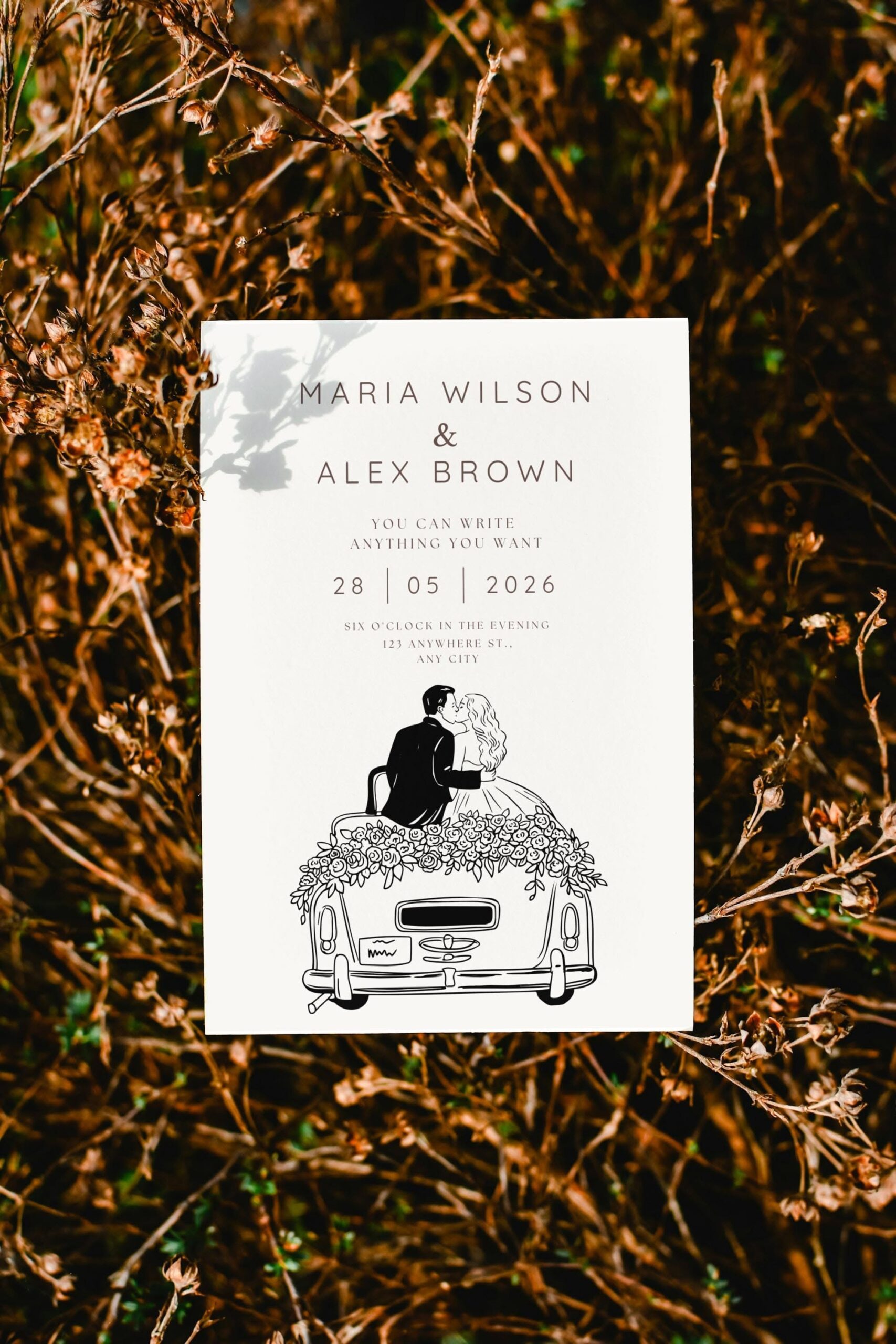 Modèle de faire-part de mariage romantique | Vintage voiture escapade illustration | Faire-part de mariage imprimable élégant