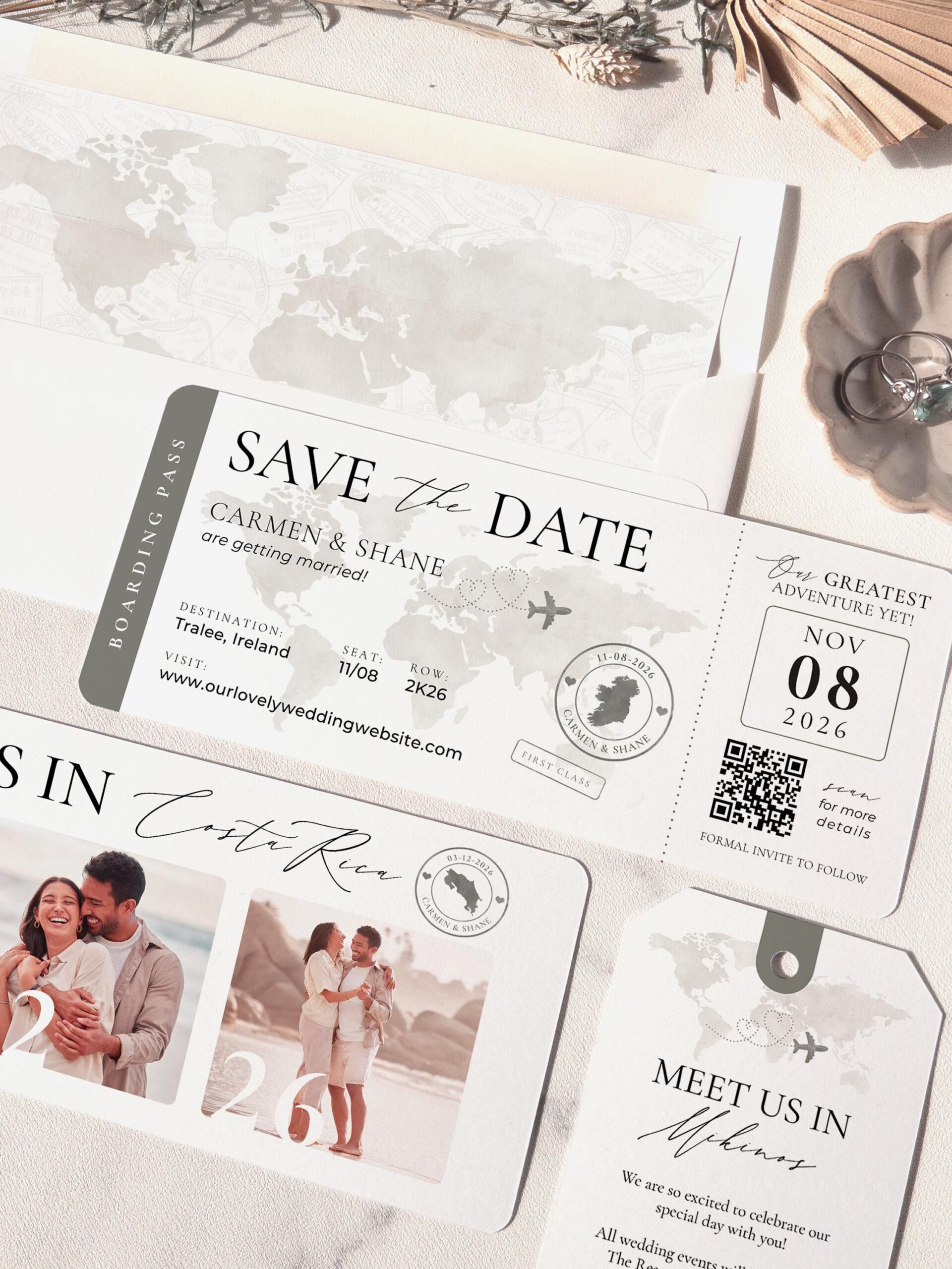Destination Wedding Boarding Pass 3 Photo QR Code World Map Travel Theme Save the Date Invitation by Luckyladypaper