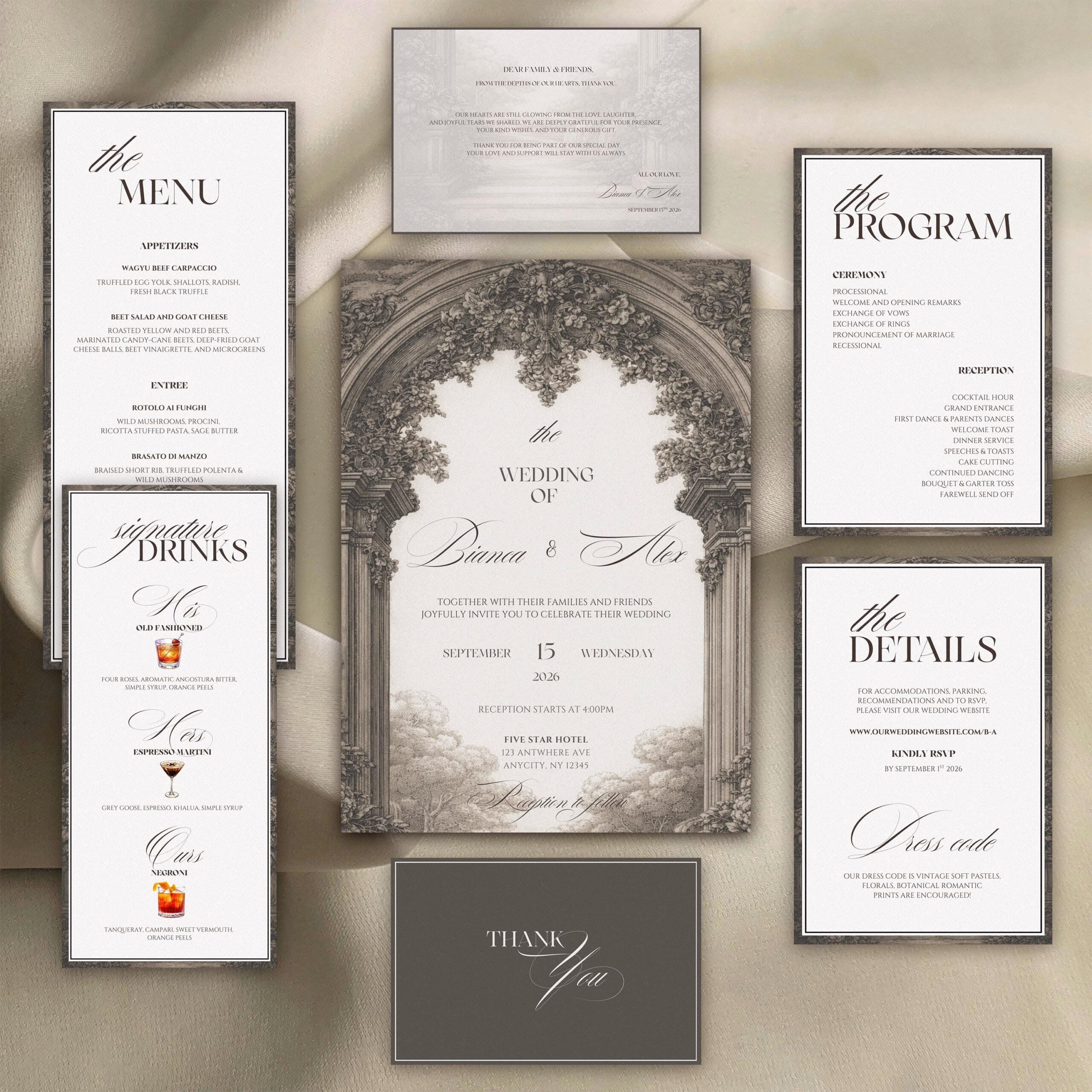 Lot de modèles de faire-part de mariage baroque de luxe, design élégant de l’ancien monde (toile modifiable, téléchargement immédiat)