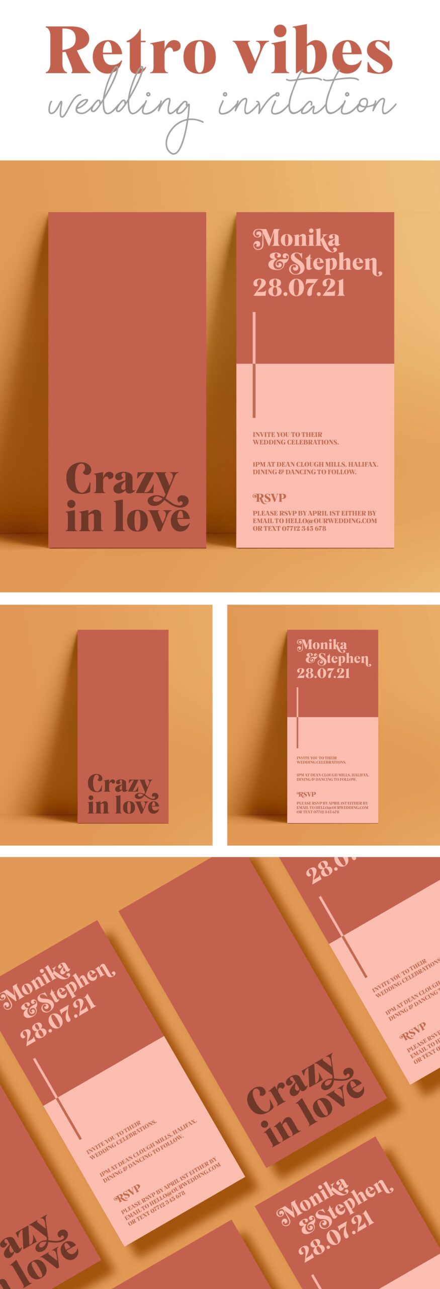 Retro 70s Inspired Wedding Invitation — Bold Colourful Typography — Unique and Industrial Wedding