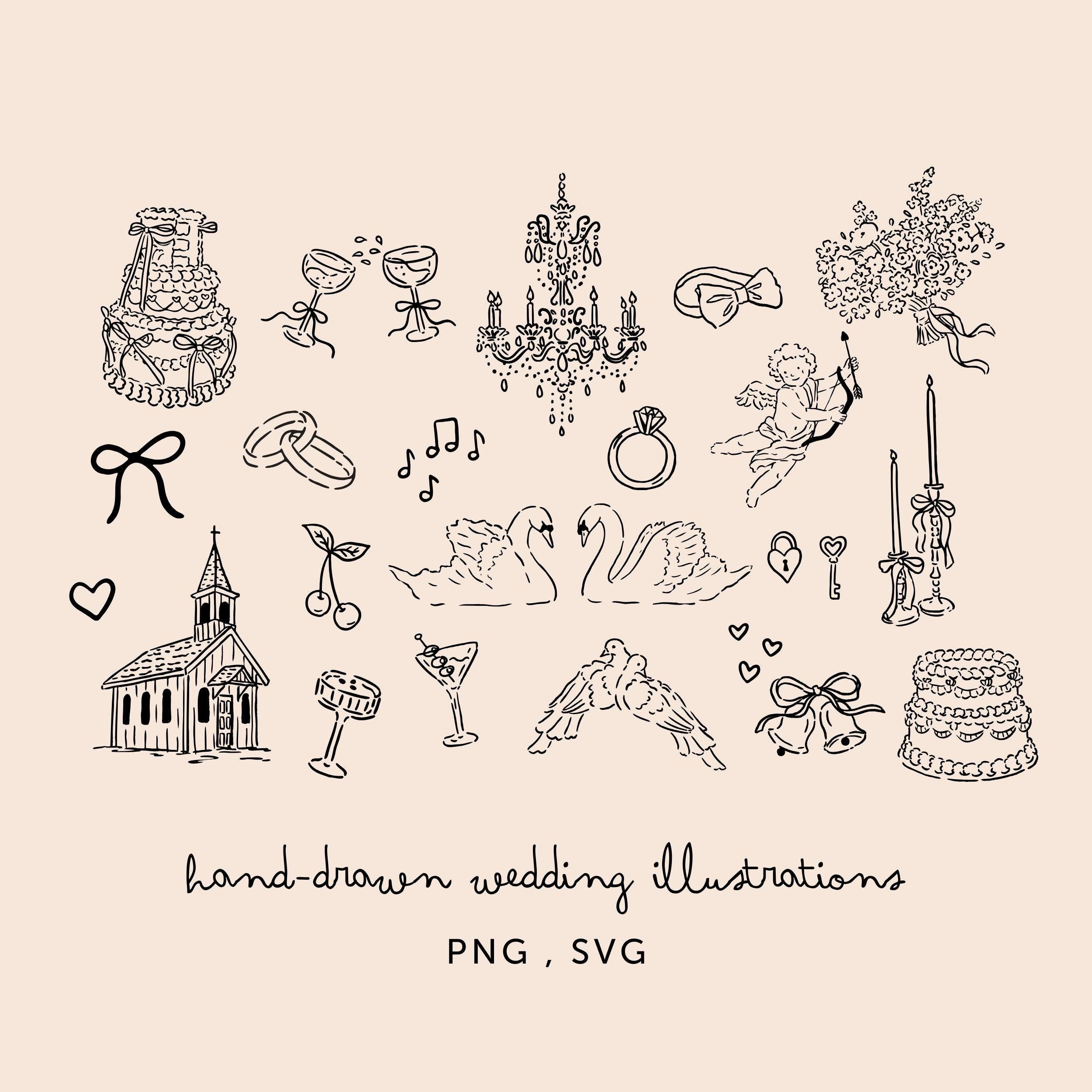 Clipart illustration de mariage dessinés à la main : cygnes, gâteau, bagues (PNG, SVG)