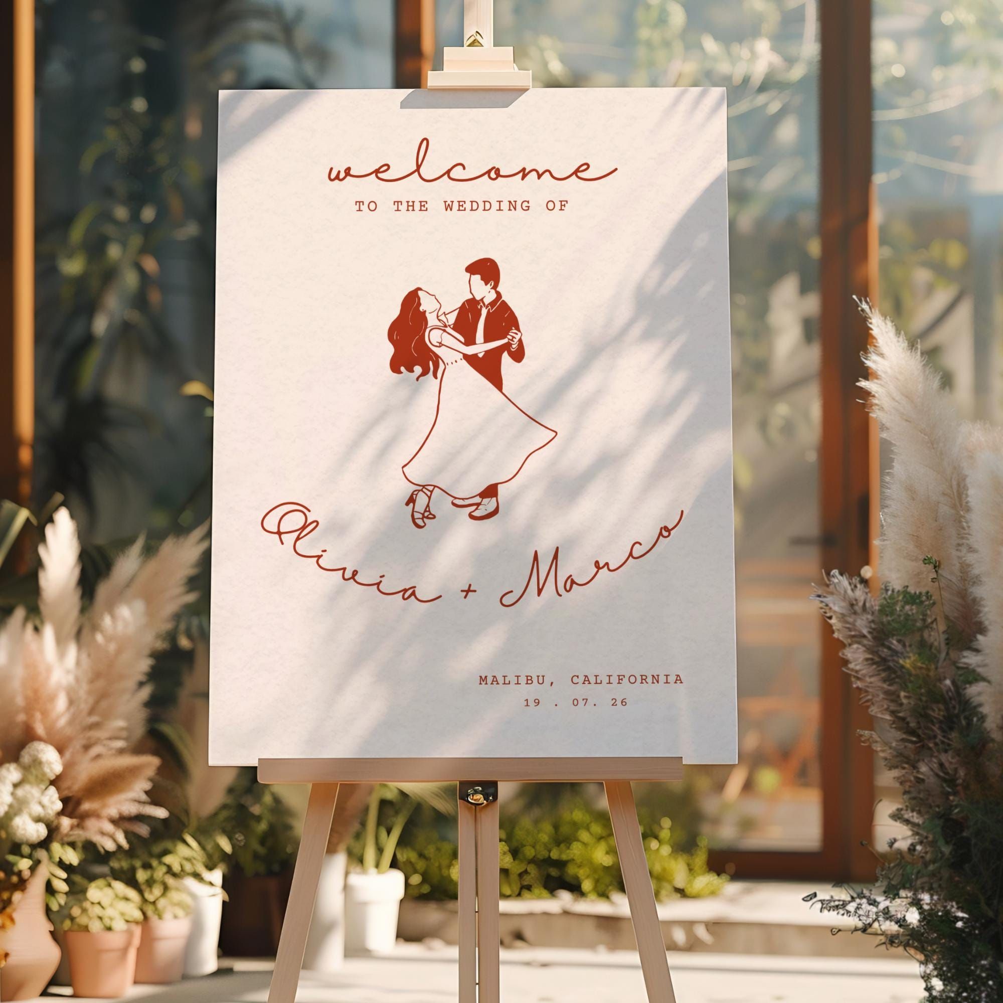 Modèle de plaque de bienvenue dessiné à la main, affiche de bienvenue de mariage fantaisiste, toile modifiable minimaliste imprimable, décoration de mariage illustrée-WD106