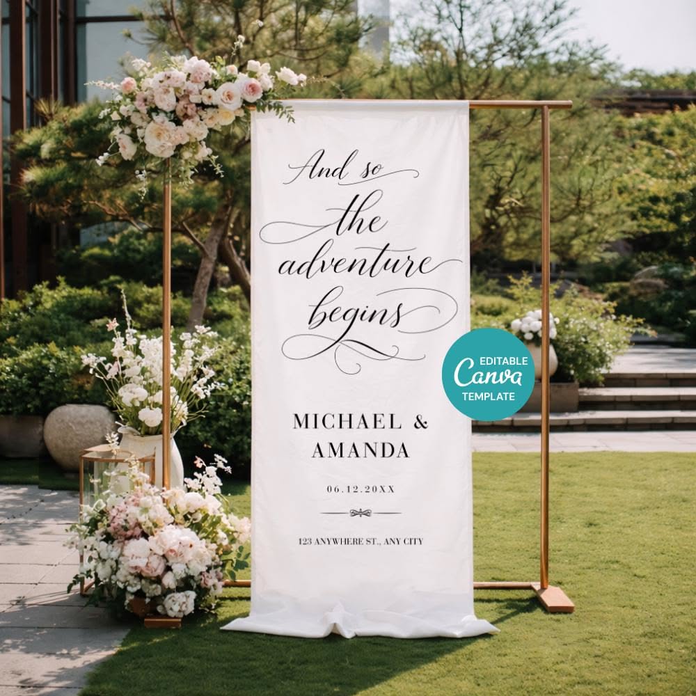 Bannière d’entrée de mariage citation romantique pour espaces extérieurs, enseigne verticale de calligraphie, modèle de toile modifiable