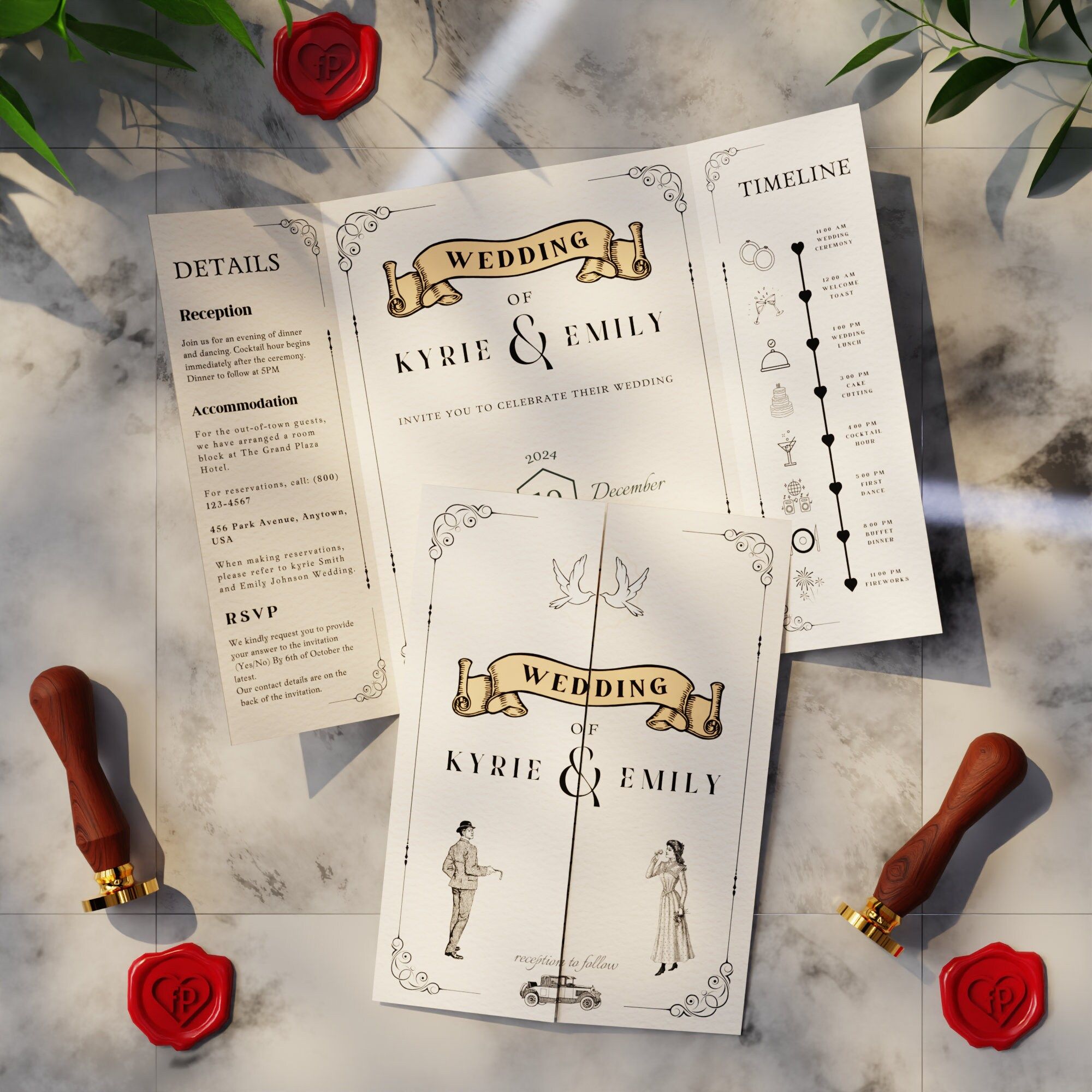 Modèle d’invitation de mariage plié d’inspiration vintage pour une charmante célébration