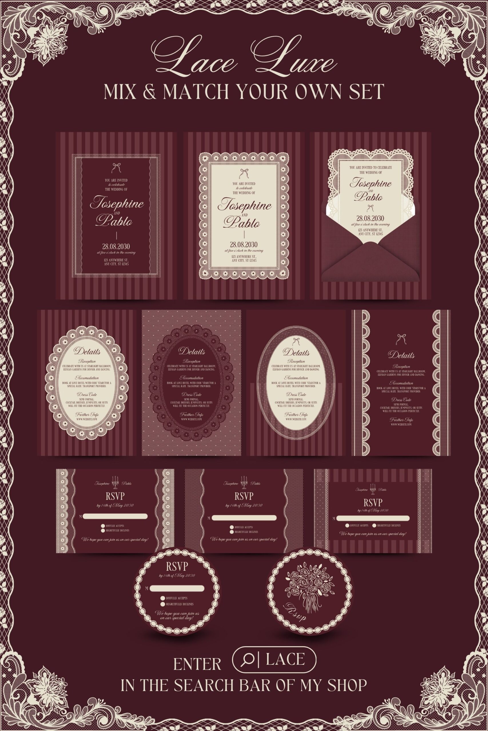 Burgundy Lace Wedding Invitation Templates – Elegant Vintage Mix & Match Printable Suite