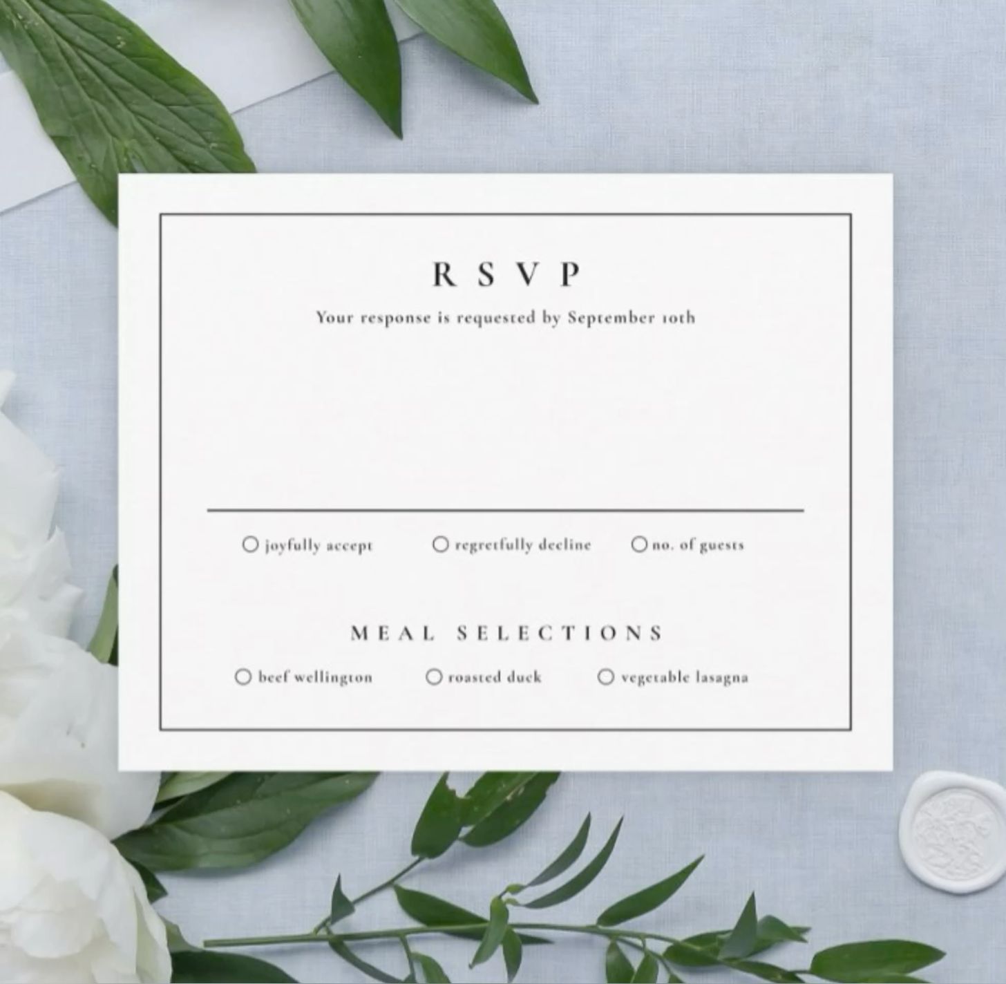 Classic White Simplistic RSVP Invitation Card | Wedding Invitation Meal Selections, Custom Card