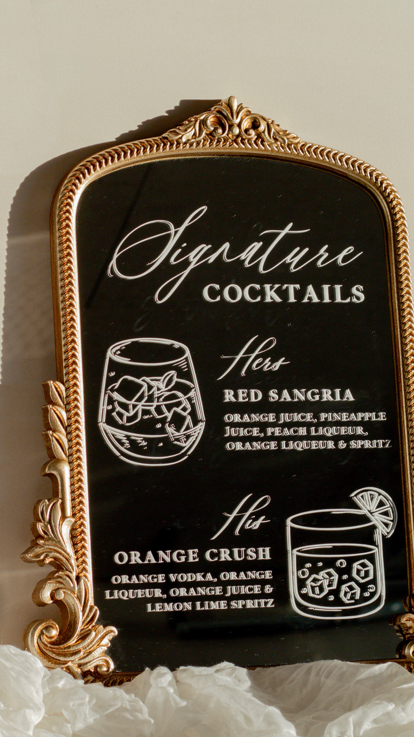 Wedding Bar Signature Drinks Cocktail Menu Signage on Gold Arch Mirror