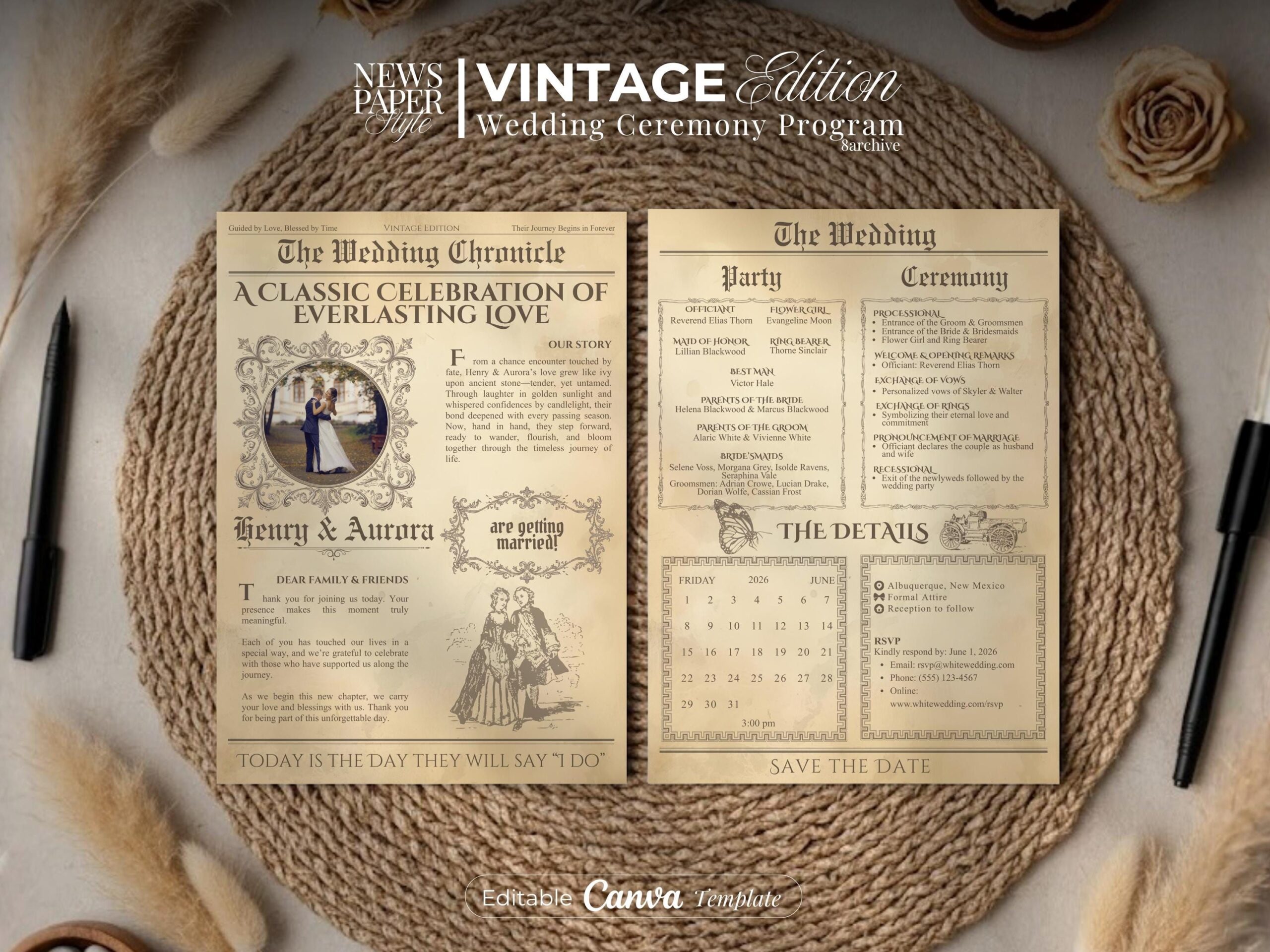 Modèle de journal de mariage programme canva journal de mariage vintage modifiable infographie imprimable carte d’itinéraire de mariage rétro pour couple