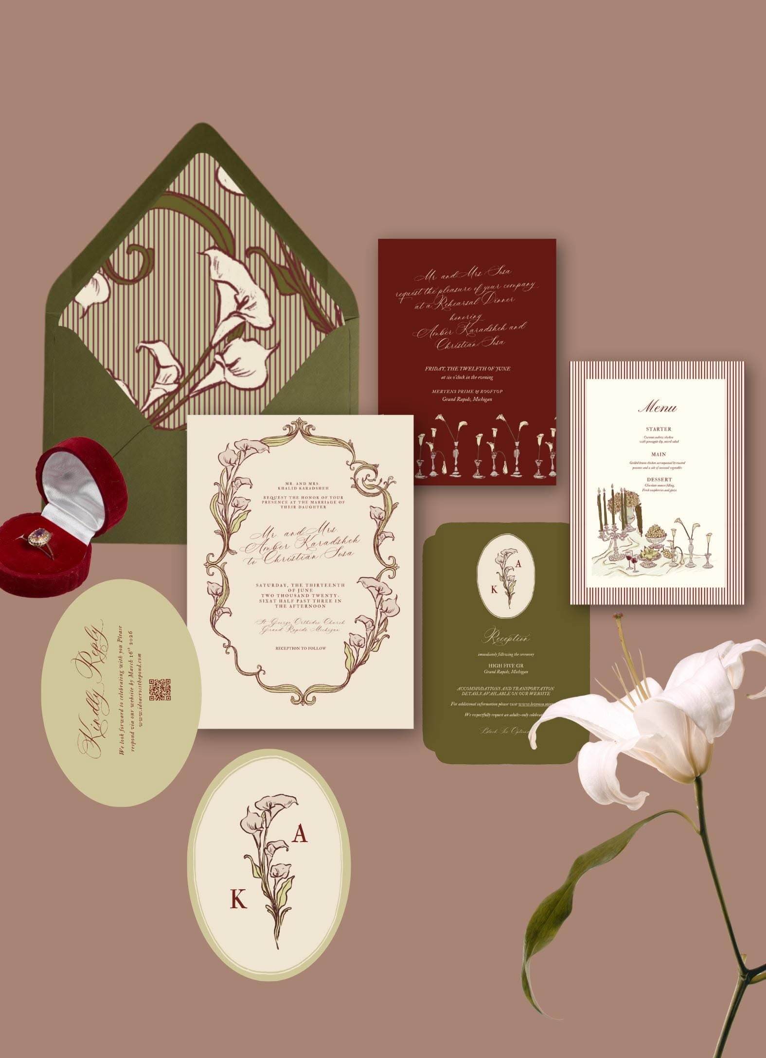 Suite de mariage botanique romantique calla lily — faire-parts à rayures bordeaux et verts | Suite de mariage en toile modifiable 5 x 7 pouces