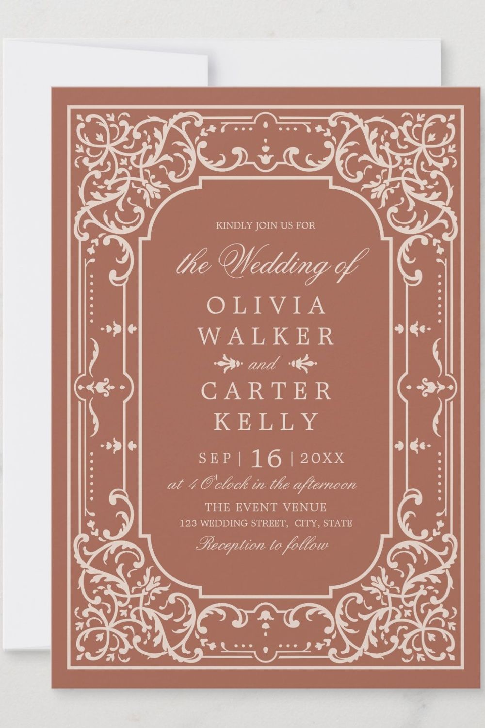 Terracotta Elegant Ornate Romantic Vintage Wedding Invitation