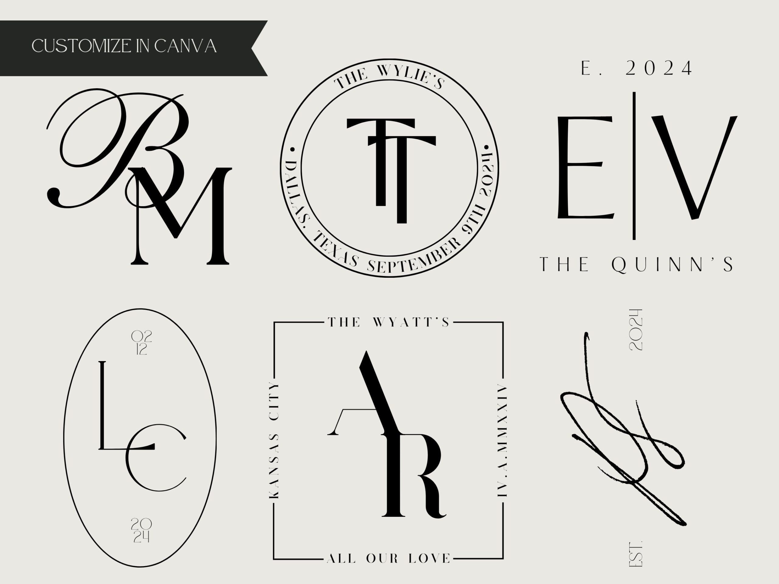 Ensemble de logos monogrammes, logos de mariage personnalisés, image de marque de mariage simpliste