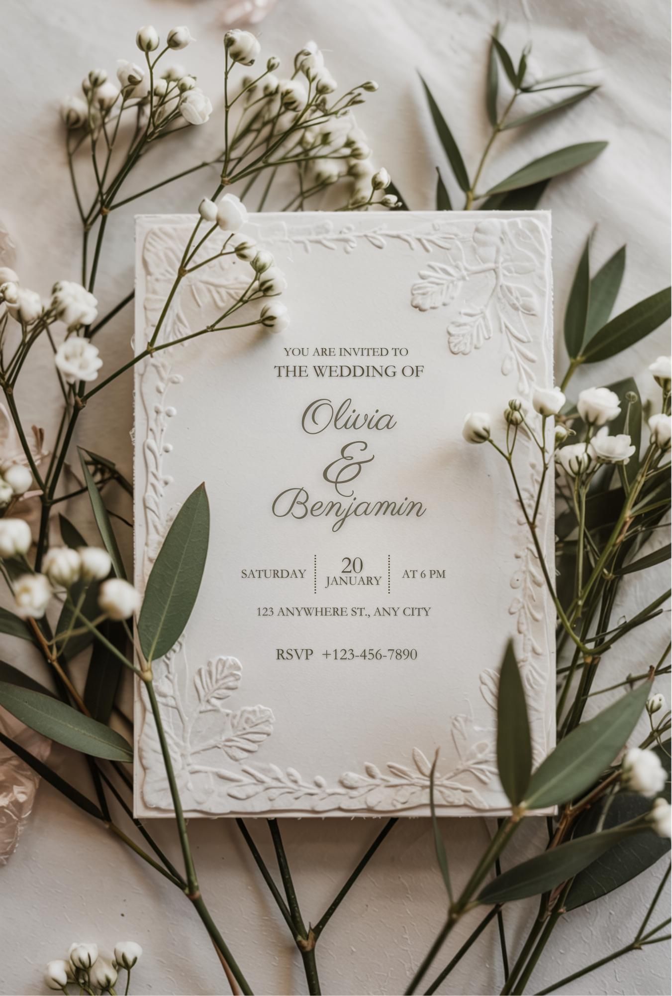 Elegant Wedding Invitation | Minimal Leaf Embossed Style | Digital Only  Not for Print