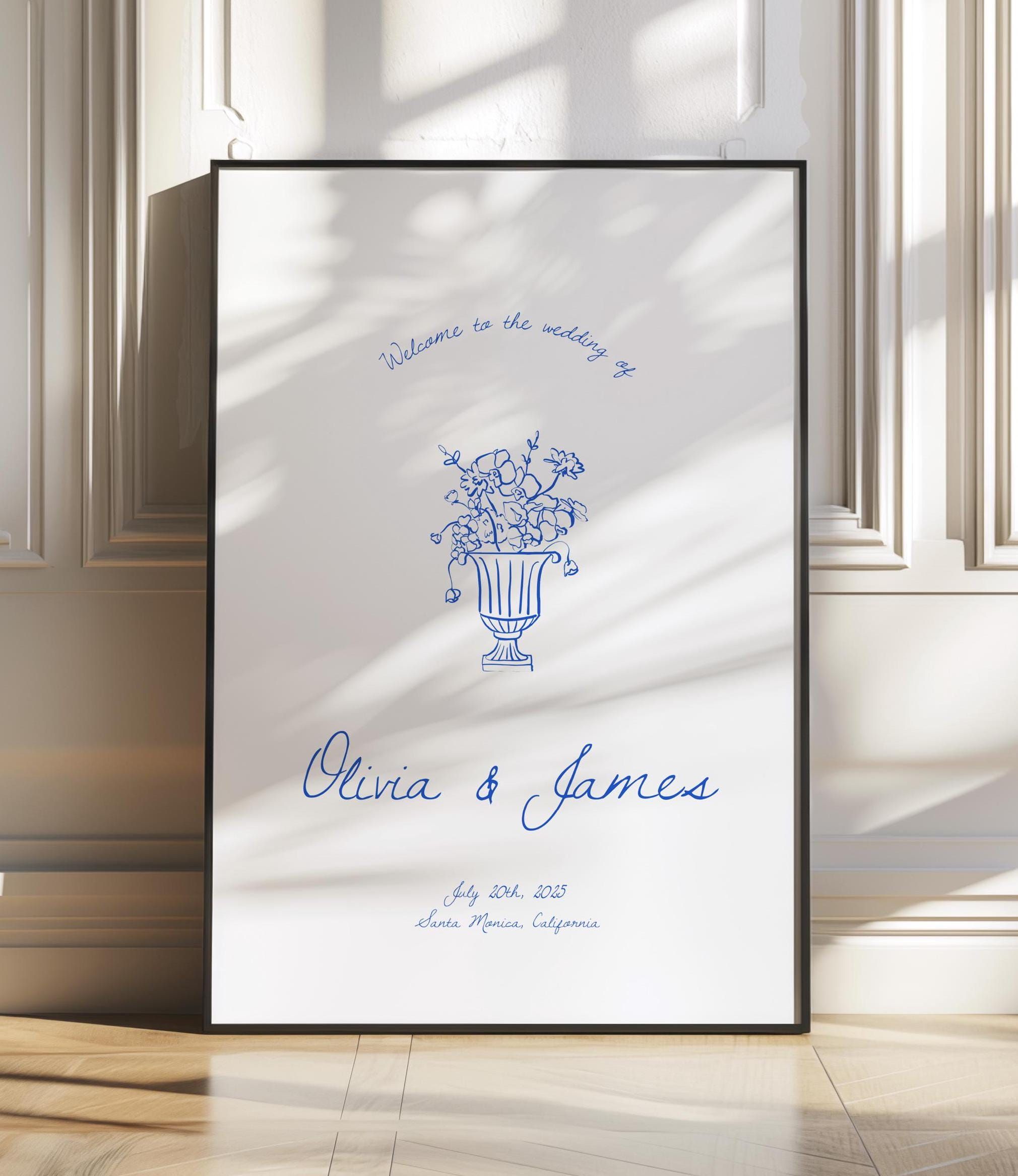Modèle de plaque de bienvenue pour mariage moderne, plaque de bienvenue manuscrite modifiable, mariage romantique, fleurs dessinées à la main, Unique, téléchargement immédiat W04