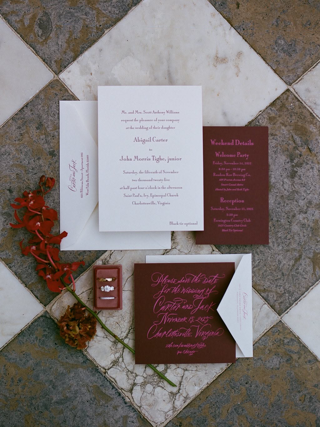 Pink and deep red invitation suite.