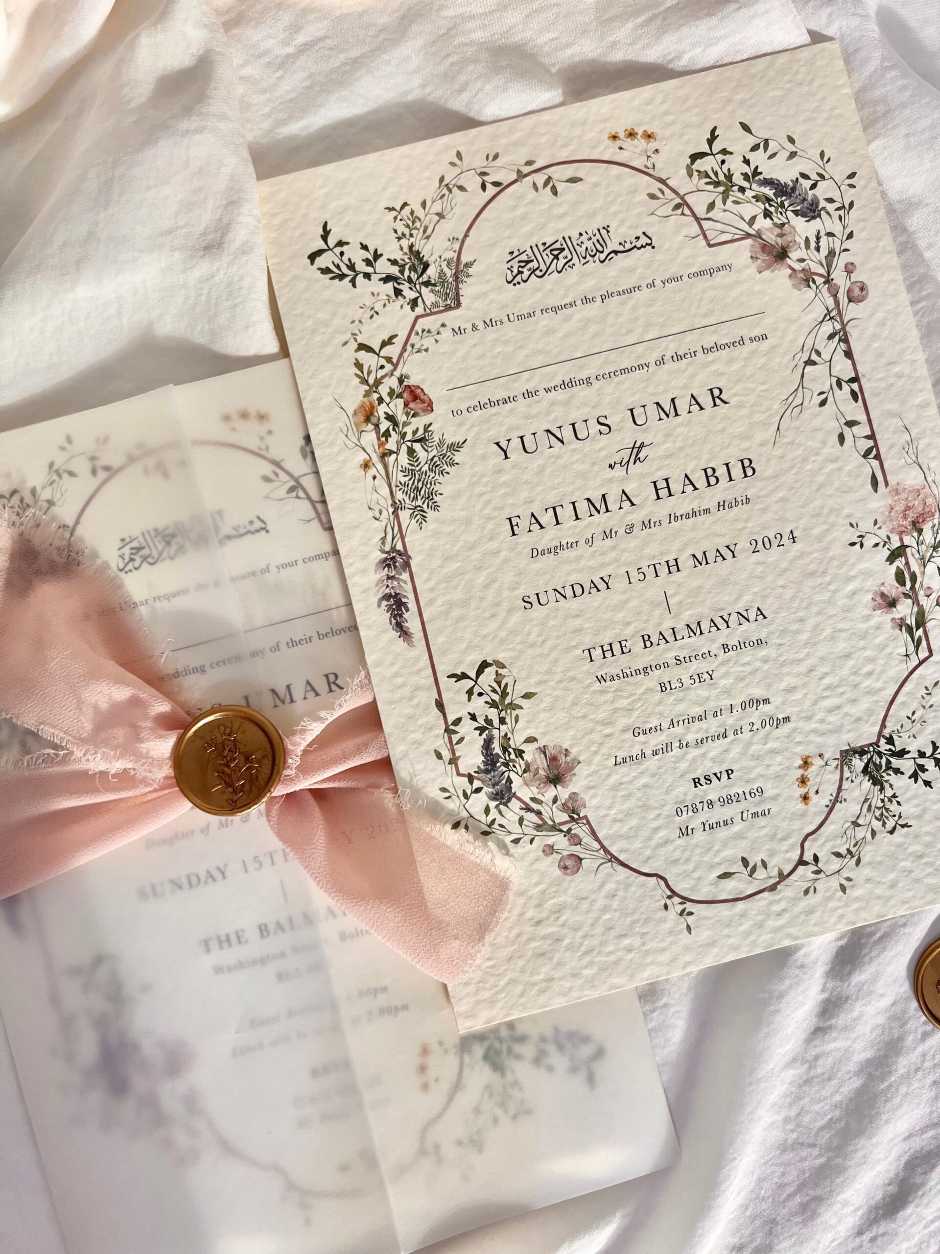 Wedding Invitation — Sarah — Invitation + Vellum Wrap + Ribbon + Wax Seal / Pre