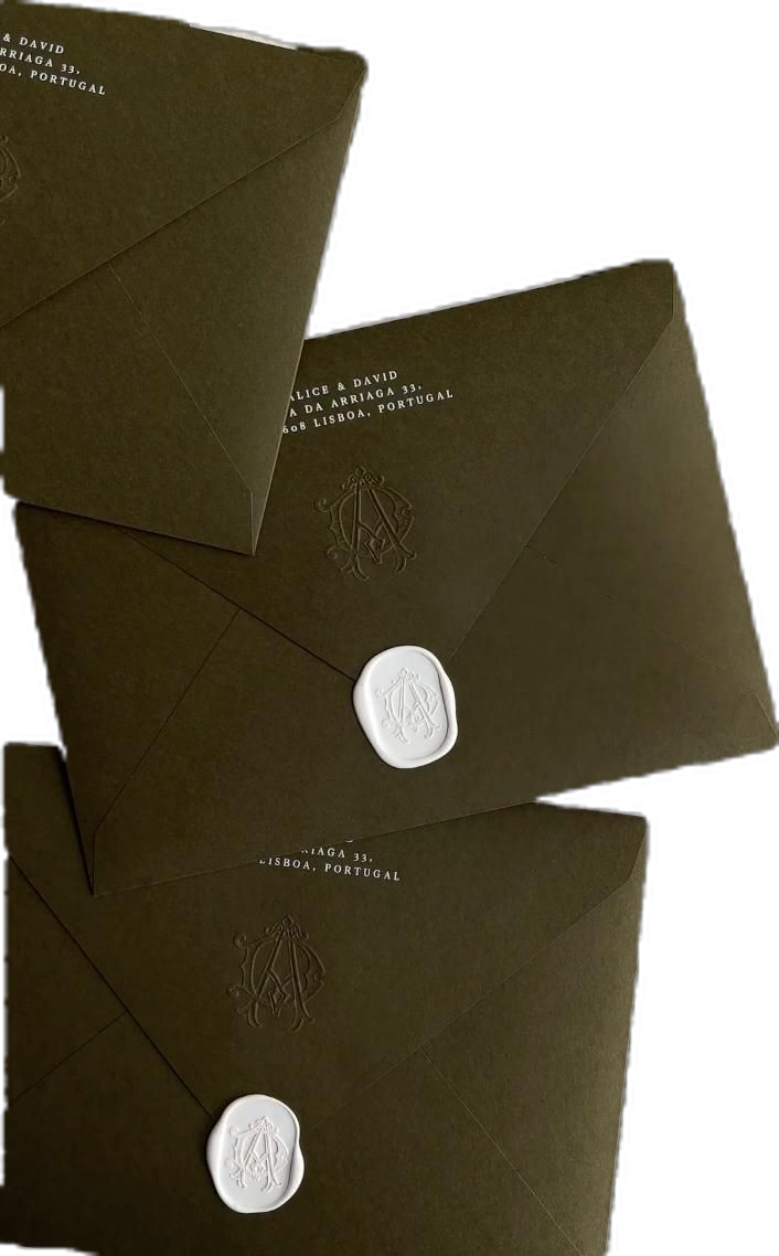 Luxury letterpress wedding invitation suite in green & white palette. For a wedding in Portugal.
