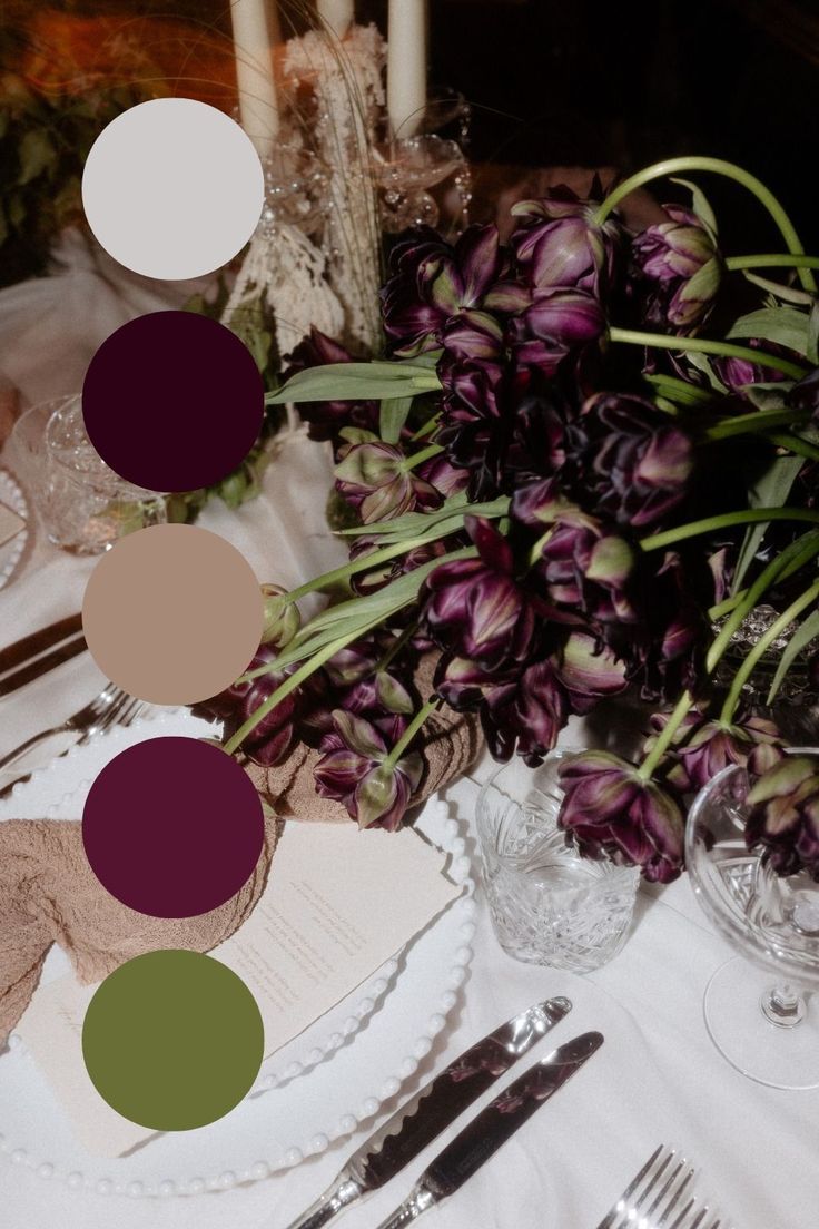 Wedding color scheme inspired by dramatic deep purple tulips adorning a luxury wedding tablescape