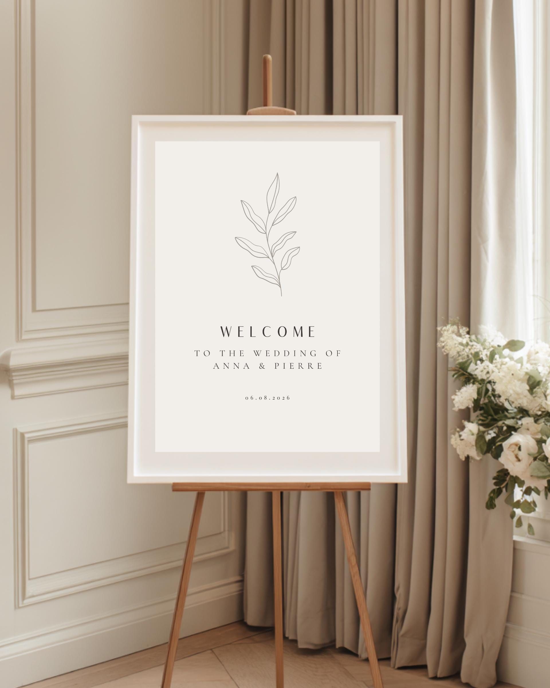 Modèle de plaque de bienvenue pour mariage moderne, grande affiche de mariage minimaliste, signalétique de bienvenue élégante, enseigne d’événement modifiable sur toile de luxe et calme