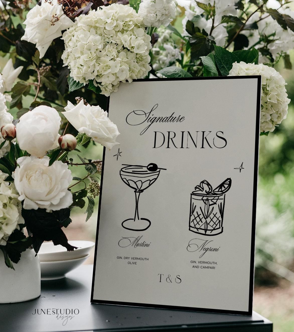 Cocktails signature de mariage classique, enseigne de menu de bar illustré Old Money, il boit son verre (modèle numérique, personnalisable)