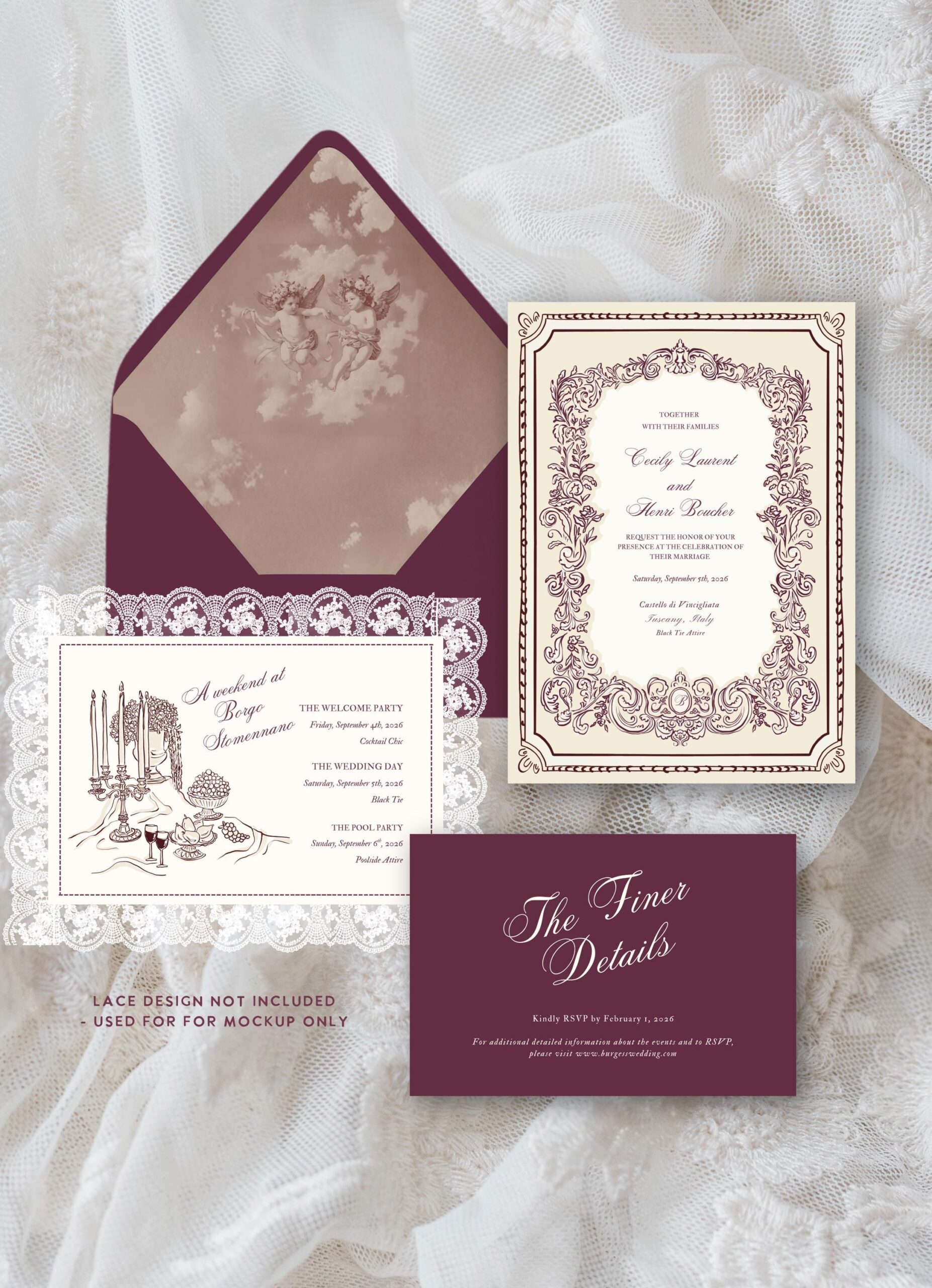 Suite de faire-part de mariage baroque chérubin | Modèle d’invitation de mariage vintage romantique | Suite de mariage modifiable sur toile 5 x 7 pouces