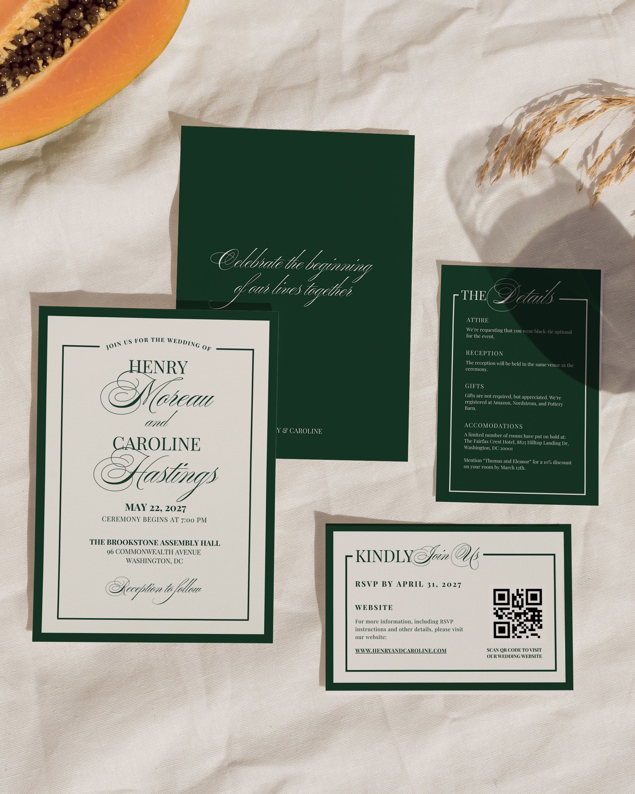 Old Money Green Wedding Invitation Suite Template Editable with Canva | Elegant Invite