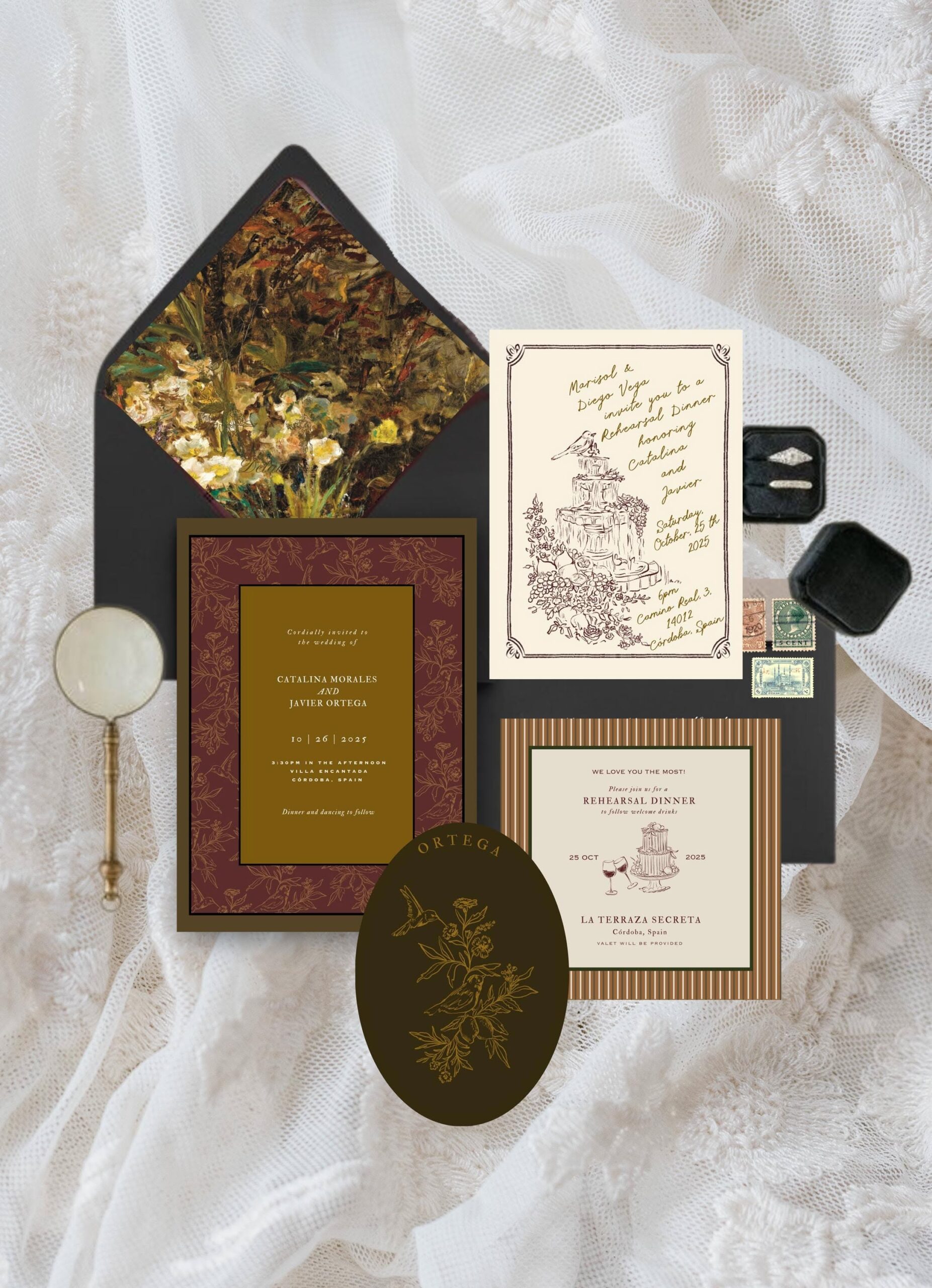 Suite de mariage jardin antique Moody, faire-part oiseaux floraux et or | Modèle d’invitation de mariage italien | Suite de mariage en toile modifiable 5 x 7 pouces