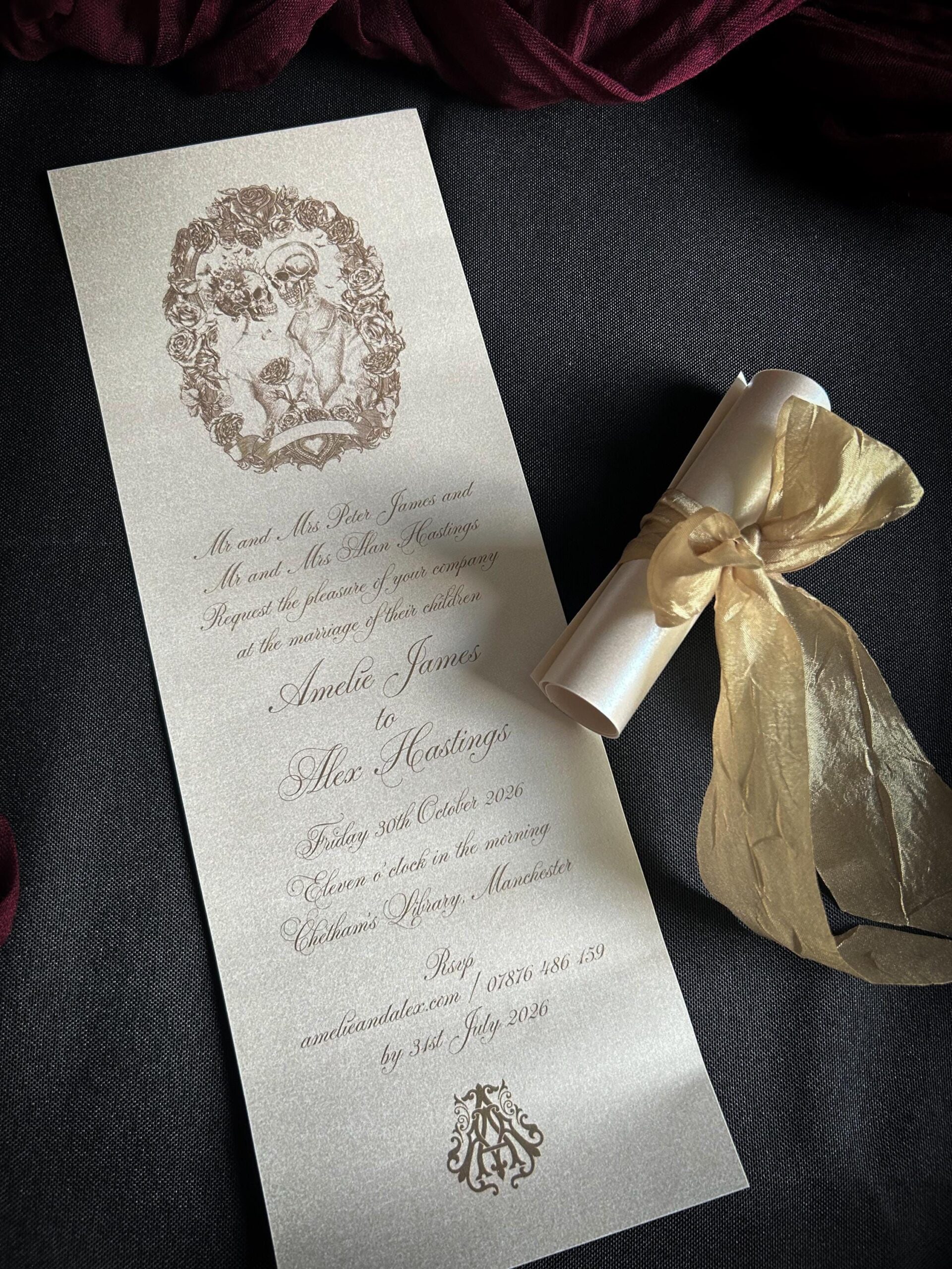 Vintage Gothic Fairytale Skeleton Lovers Wedding Invitation SCROLL