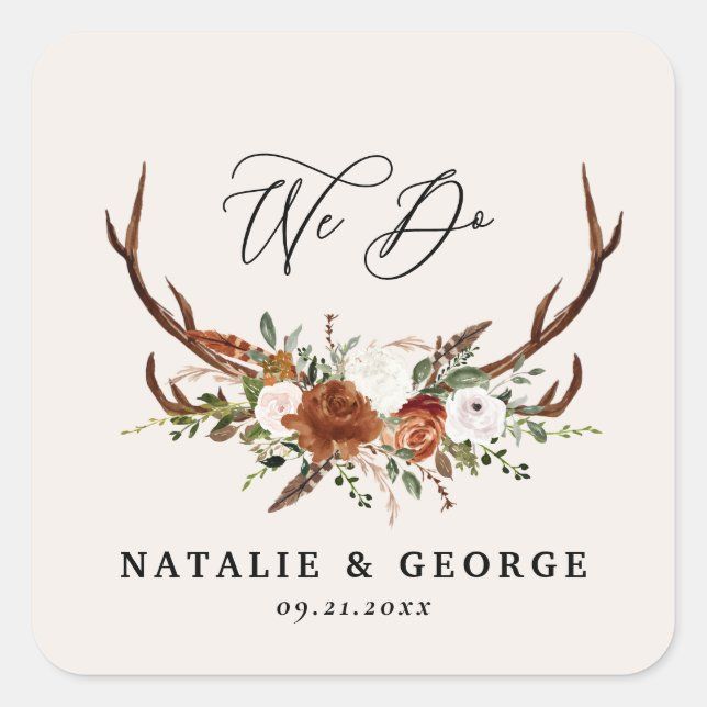 Stag rustic botanical wedding terracotta elegant square sticker