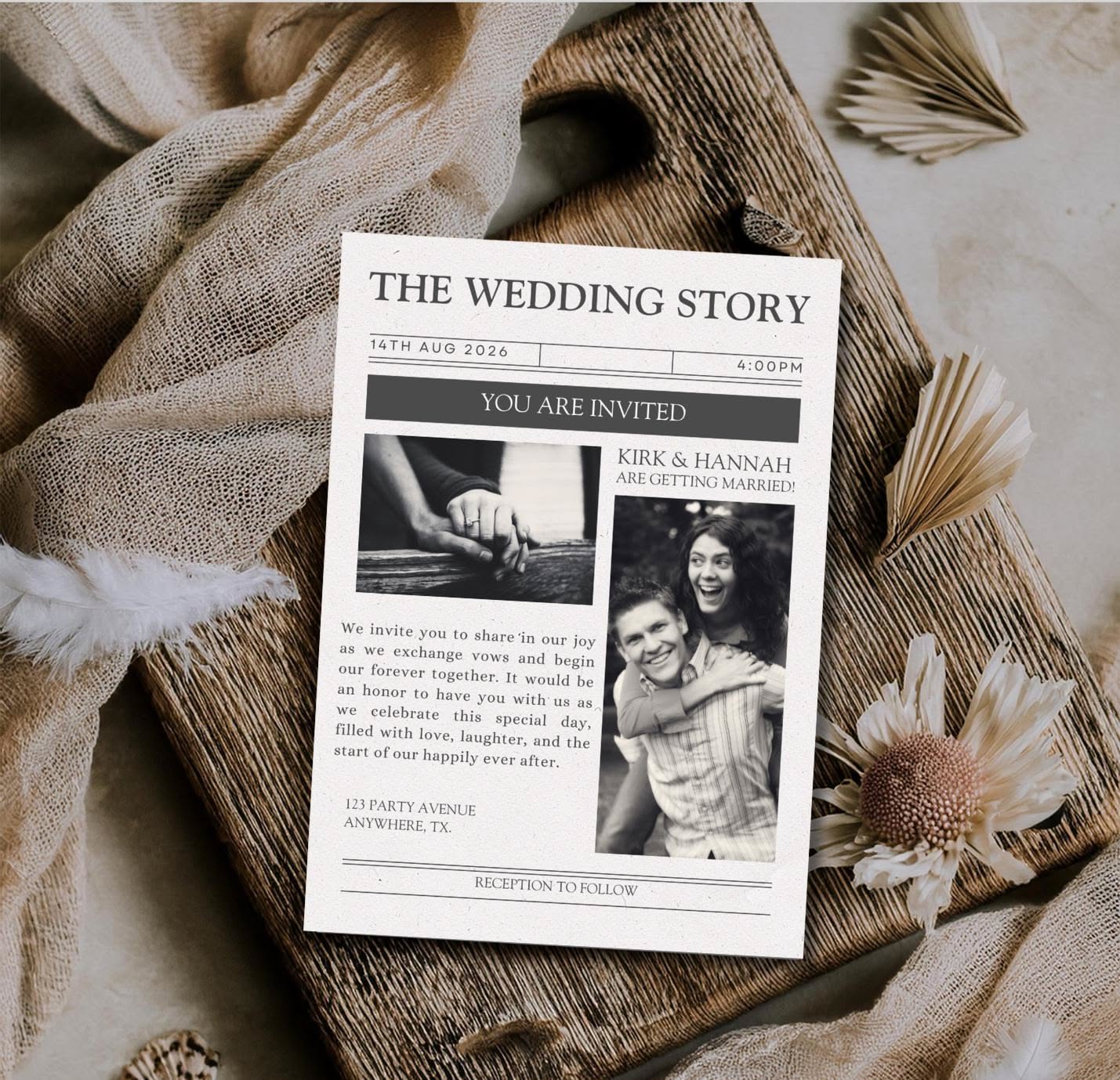 faire-part de mariage vintage dans un journal | Design éditorial moderne (téléchargement numérique)