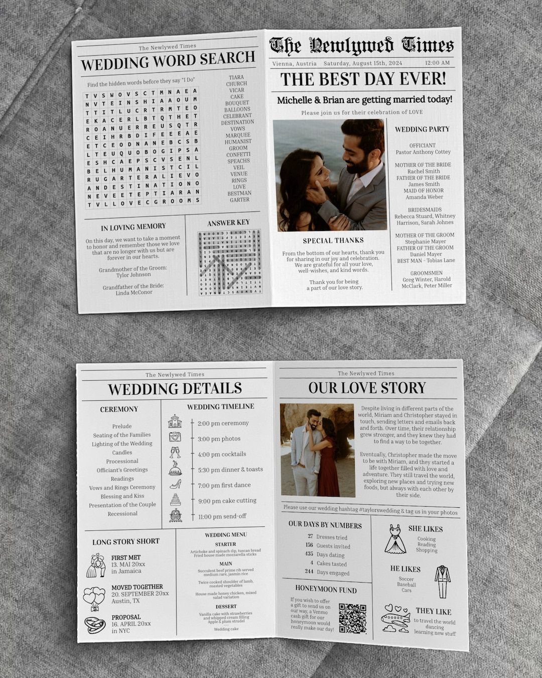 Newspaper Wedding Program with Crossword, Timeline and Infographic Itinerary, Modern Wedding Printable Template — Etsy Portugal