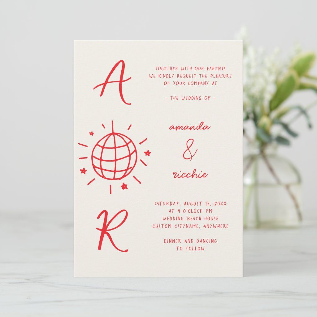 Disco Monogram French Fun Retro Hand drawn Wedding Invitation | Zazzle