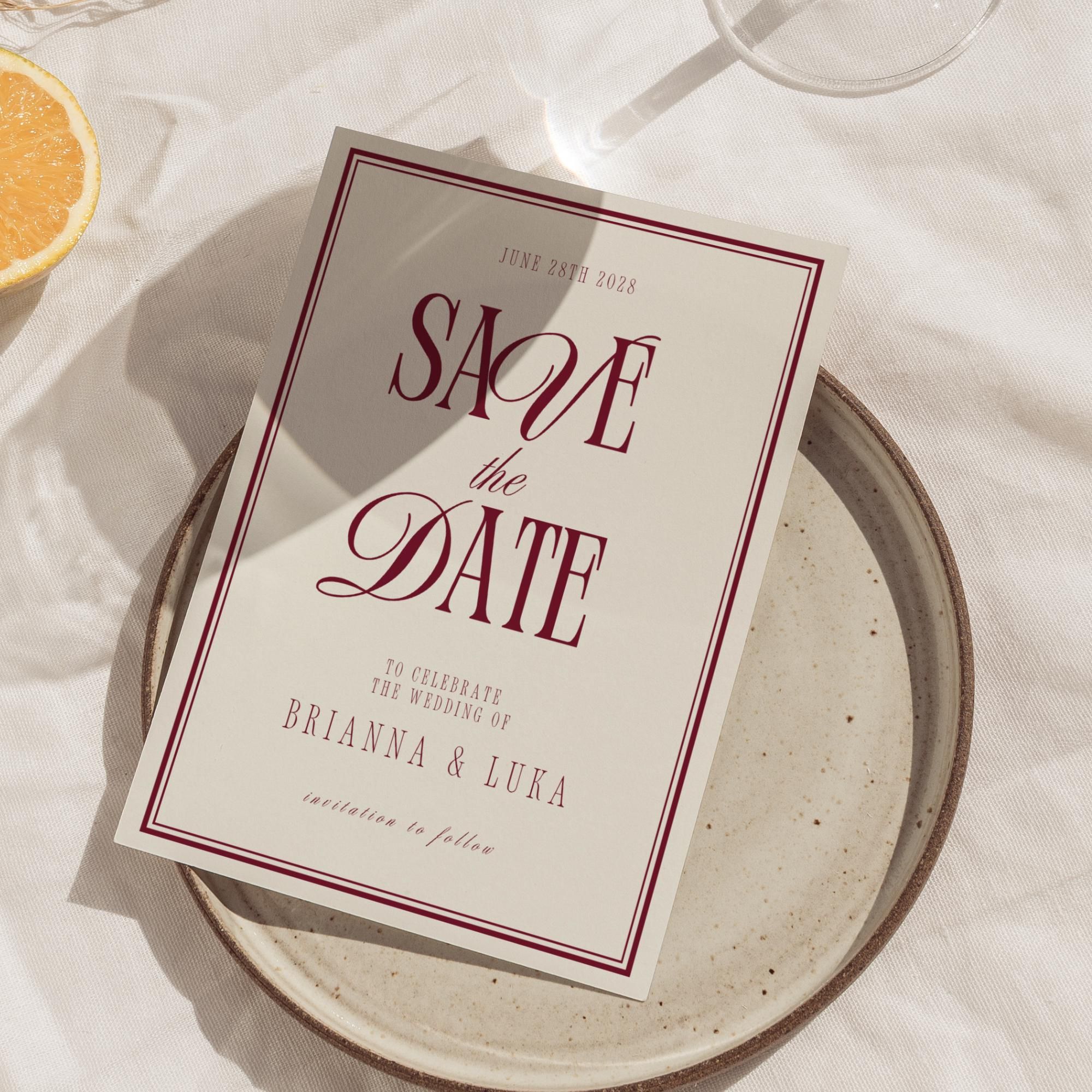 Modèle Save the Date Bordeaux moderne, faire-part de mariage élégant rouge et crème classique Old Money, papeterie numérique imprimable — WD015