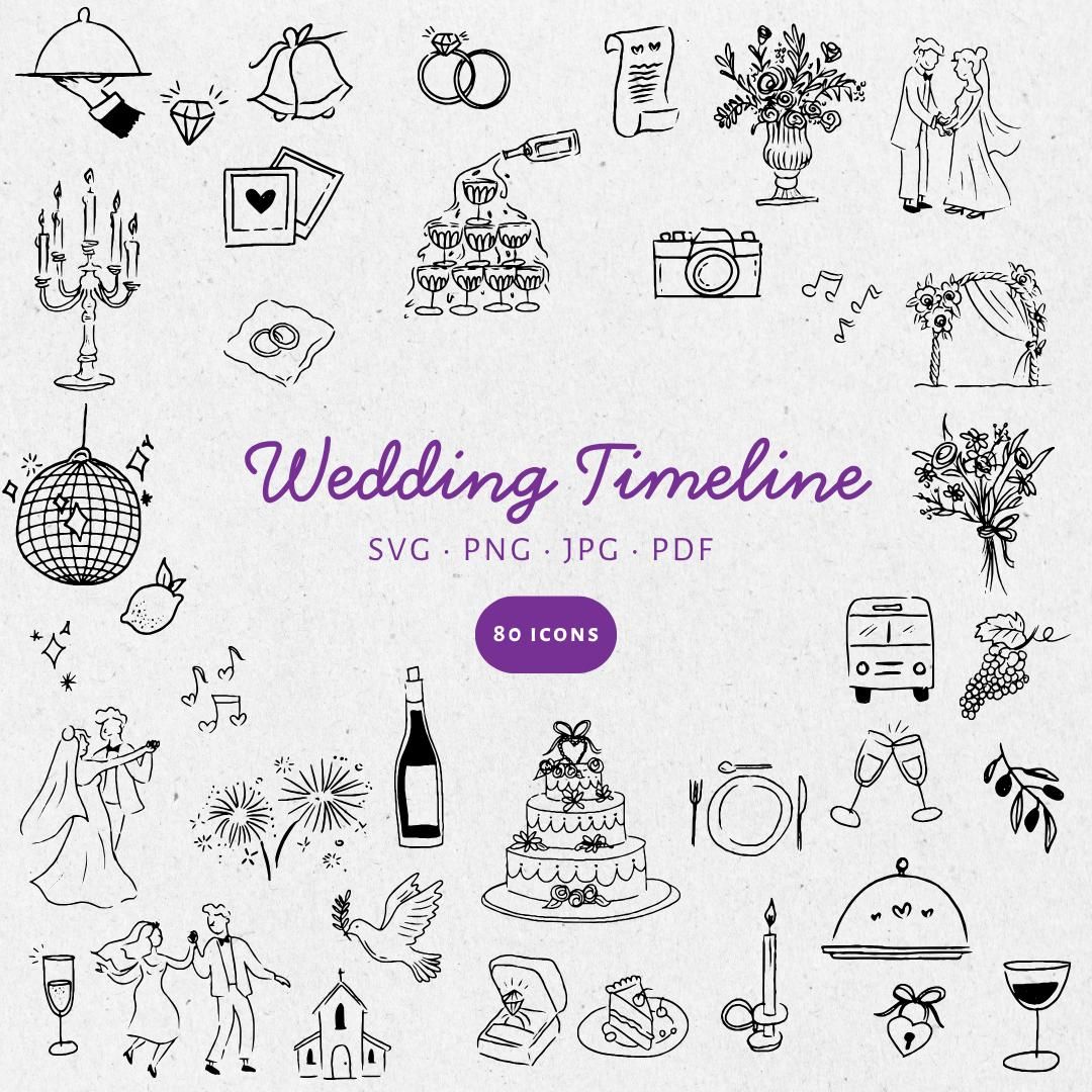 Ensemble d’illustrations de chronologie de mariage dessinés à la main, SVG PNG JPG, icône noir et blanc, clipart, griffonnage. Mariages, faire-part — CA001