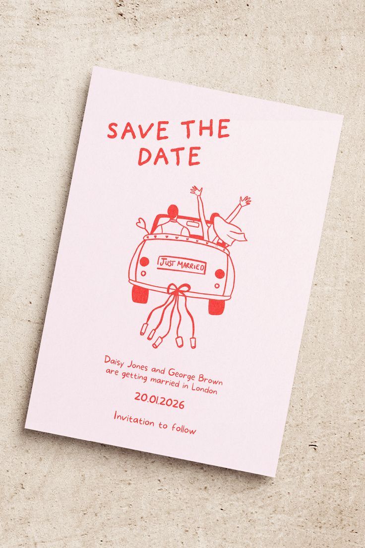 Pink & Red Wedding Save The Date Illustration