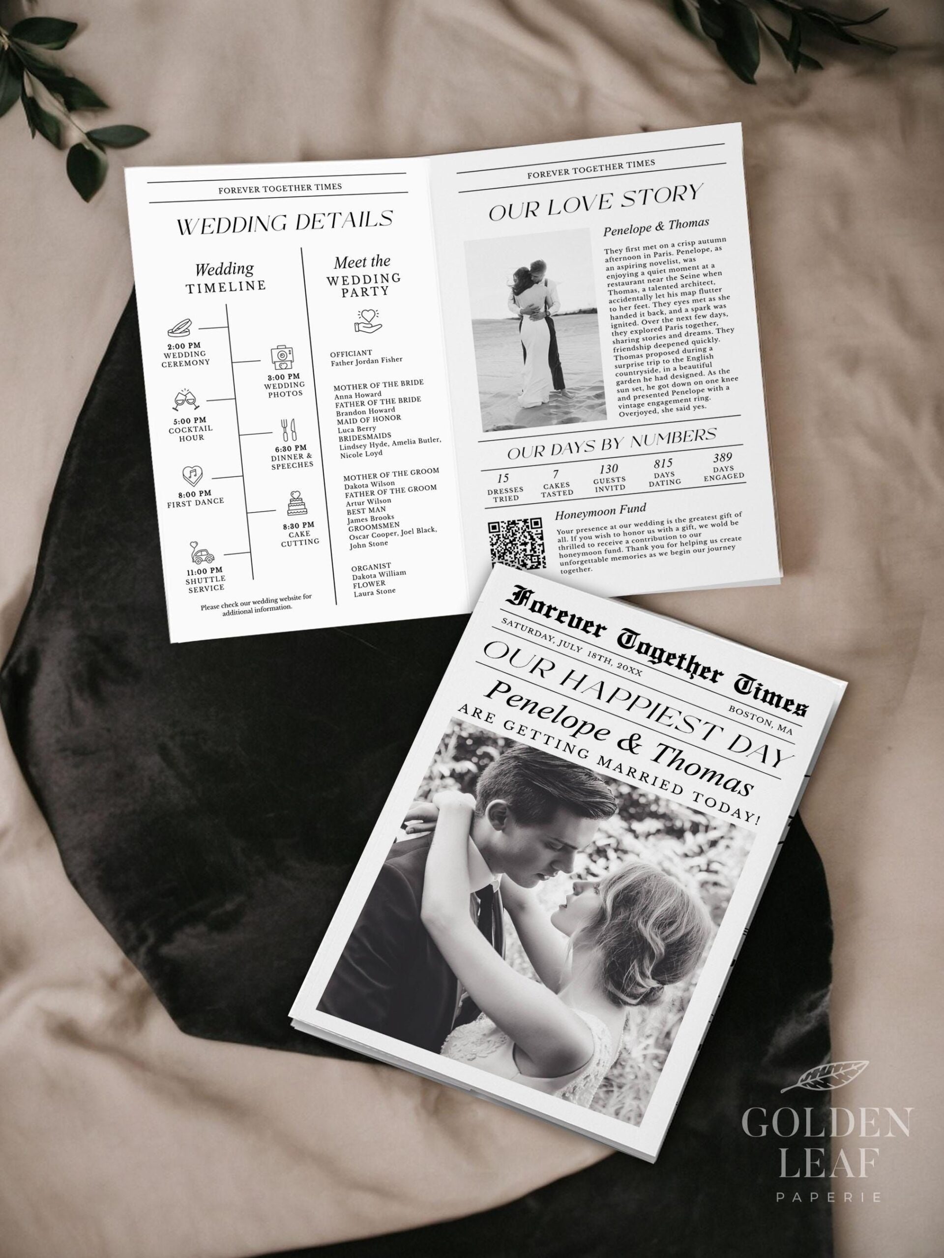 Newspaper Wedding Day Timeline, Wedding Program, Brochure, QR Code, Wedding Magazine, Schedule, Itinerary, Folded Bookle, Printable Download