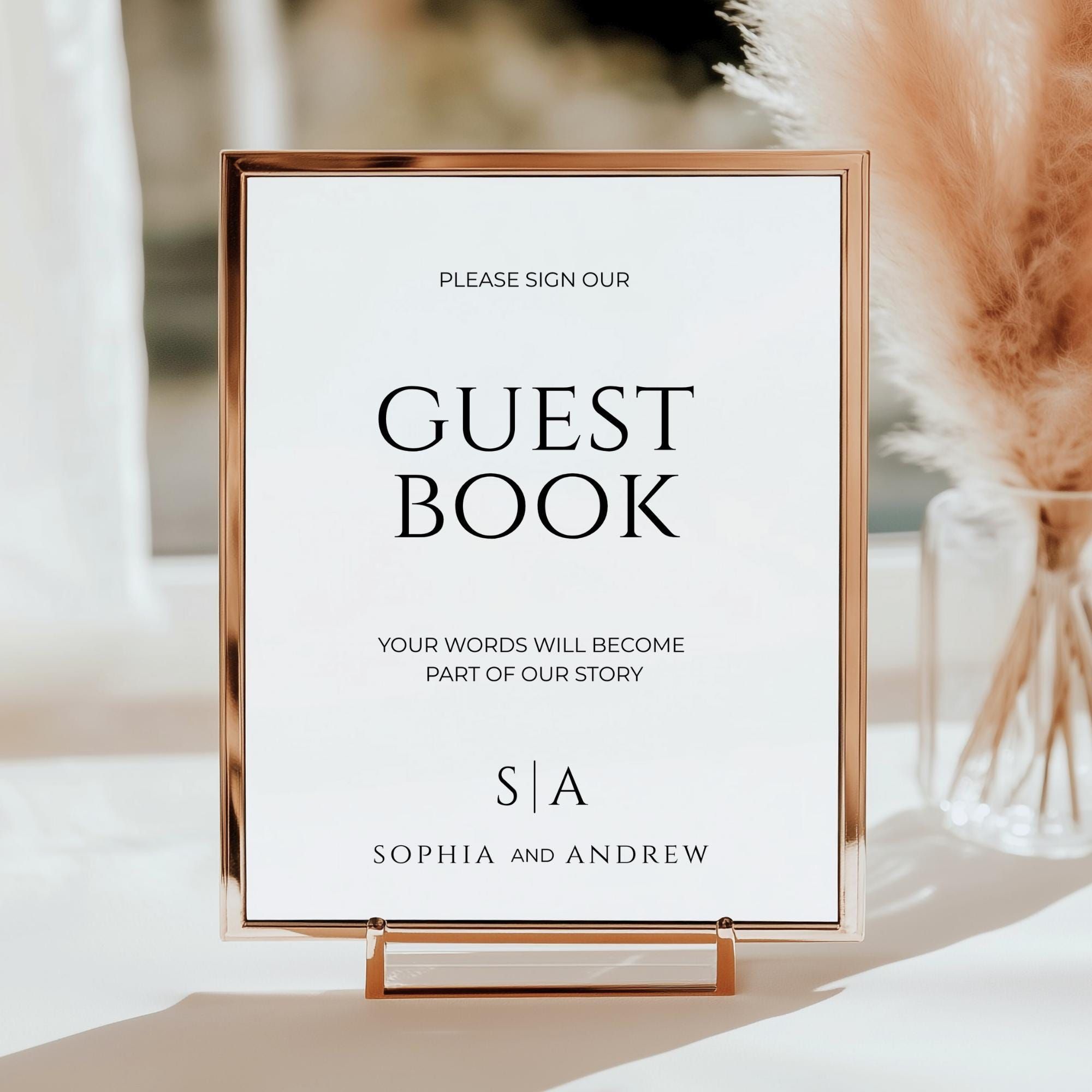 Veuillez signer notre livre d’or, enseigne de mariage monogramme minimaliste moderne, modèle de toile modifiable.