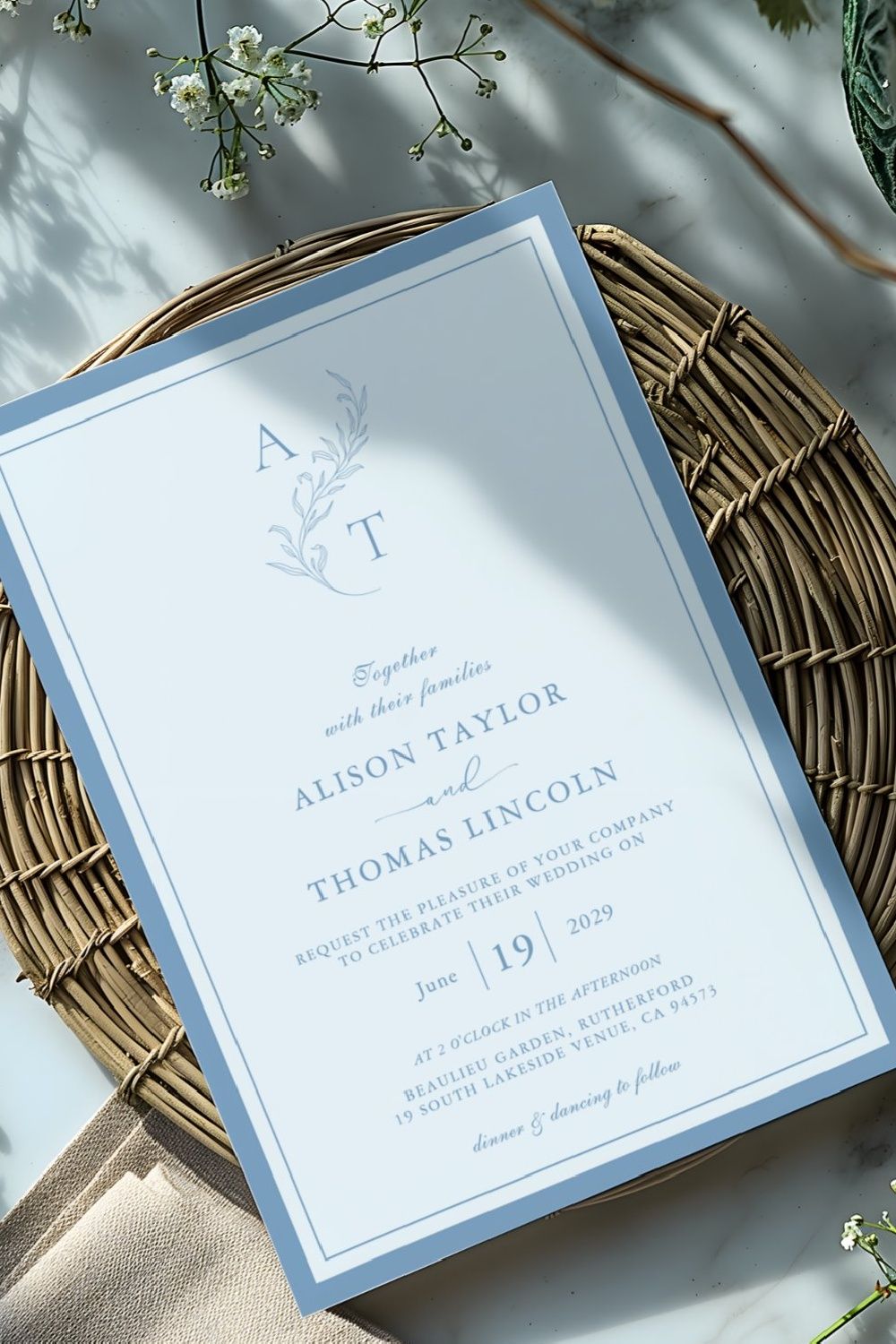 Elegant Dusty Blue Monogram Wedding Frame Invitation
