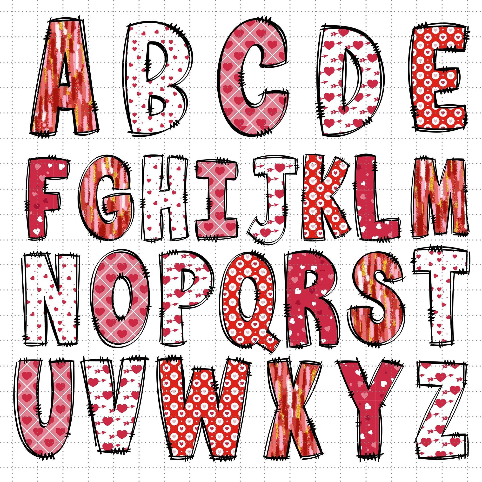 Lot Saint-Valentin Doodle lettres V2 Png, Saint-Valentin Alphabet PNG, Saint-Valentin Png, faites votre propre nom, ensemble de lettres de l’Alphabet Doodle PNG