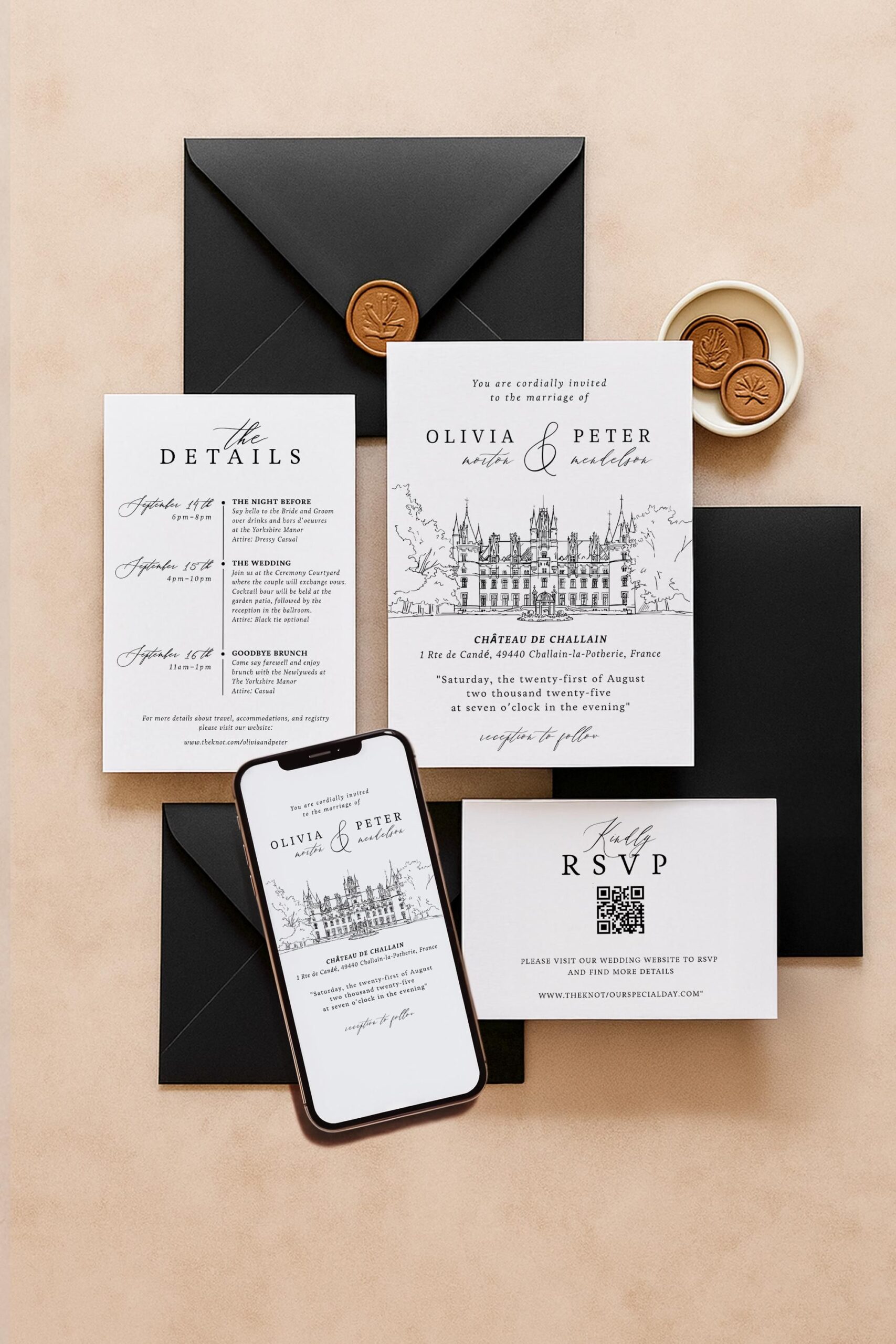 Personalized Wedding Venue Sketch Invitation Suite, Fully Editable DIY Canva Template, Printable Wedding Stationery Bundle