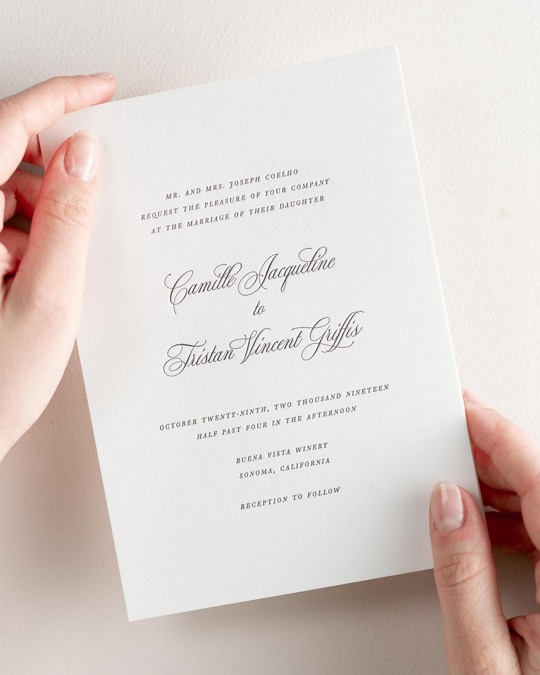 Camille Letterpress Wedding Invitations — Deposit — Script Invite, Calligraphy, Traditional, Classic, Timeless, Ribbon, Neutral Wedding