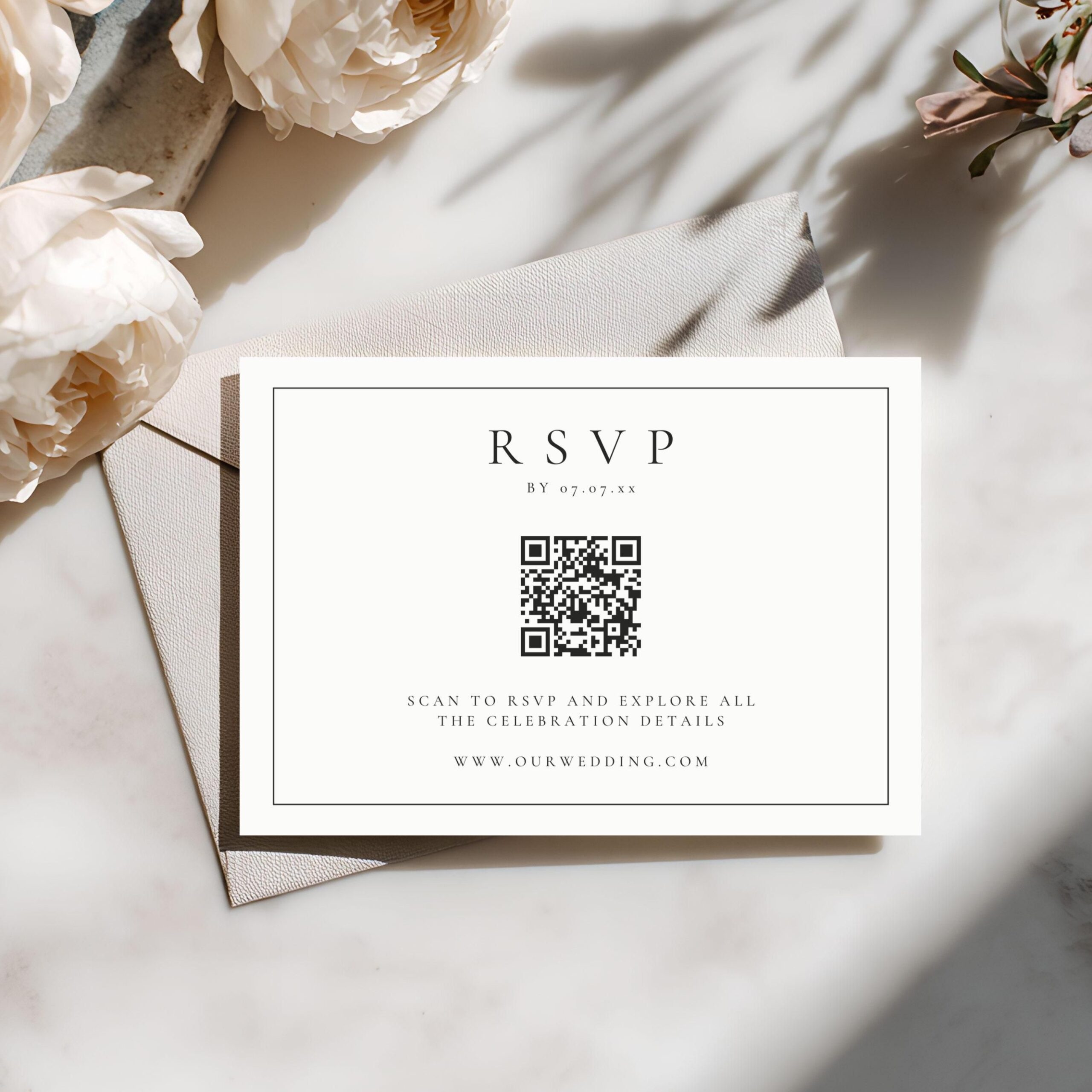 Modèle de carte QR RSVP, carte-réponse de mariage élégant, insert de boîtier moderne, téléchargement numérique modifiable, conception RSVP de mariage imprimable 4011